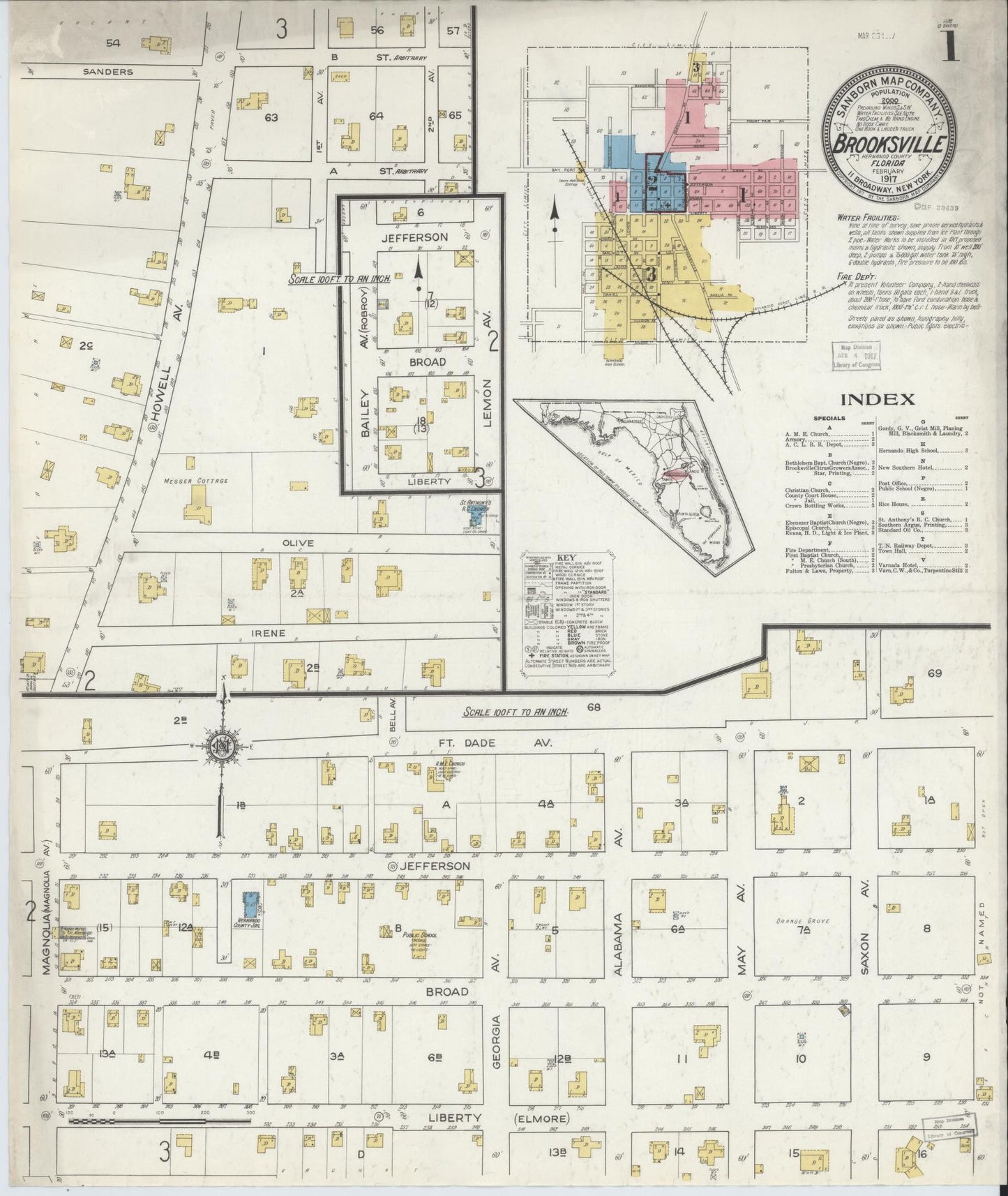Sanborn Fire Insurance Map from Brooksville, Hernando County, Florida (1917), Sheet #0001 - Historic Sanborn Fire Insurance Map Print, vintage old map wall art, antique decor, genealogy gift, Florida Florida map