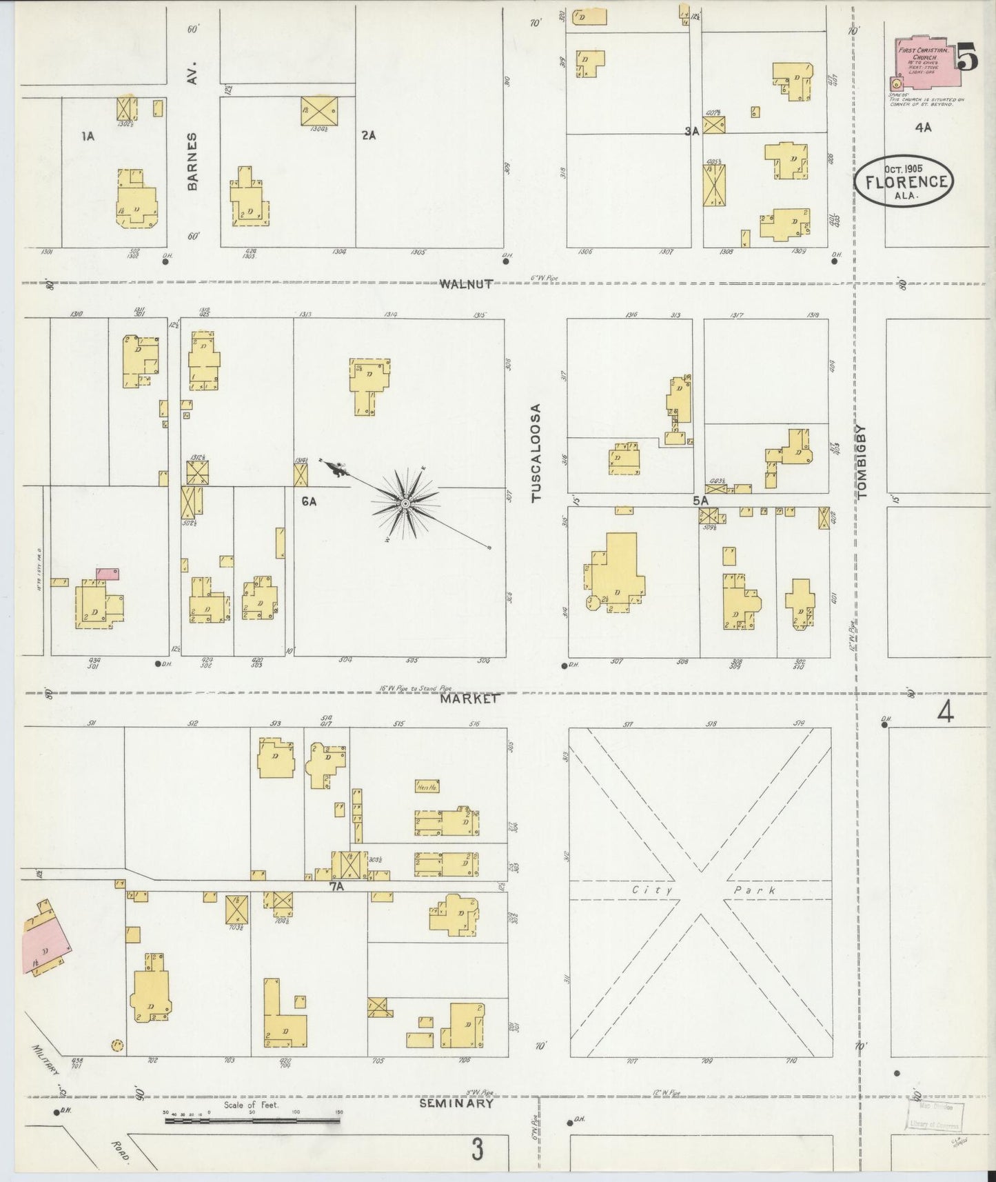 Sanborn Fire Insurance Map from Florence, Lauderdale County, Alabama (1905), Sheet #0005 - Historic Sanborn Fire Insurance Map Print, vintage old map wall art, antique decor, genealogy gift, Alabama Alabama map