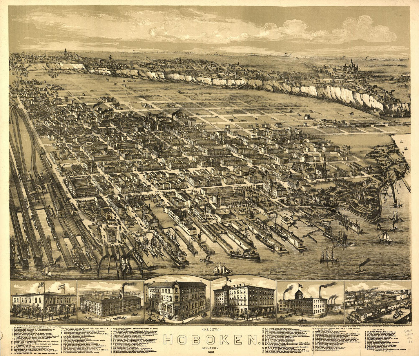The city of Hoboken, New Jersey, 1881. (1881) – Historic Bird’s-Eye View Panorama Print