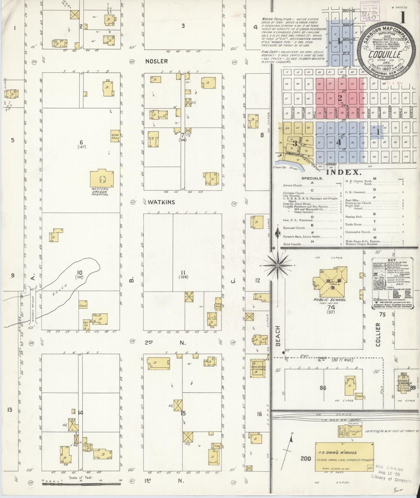 Sanborn Fire Insurance Map from Coquille, Coos County, Oregon (1907), Sheet #0001 - Historic Sanborn Fire Insurance Map Print, vintage old map wall art, antique decor, genealogy gift, Oregon Oregon map