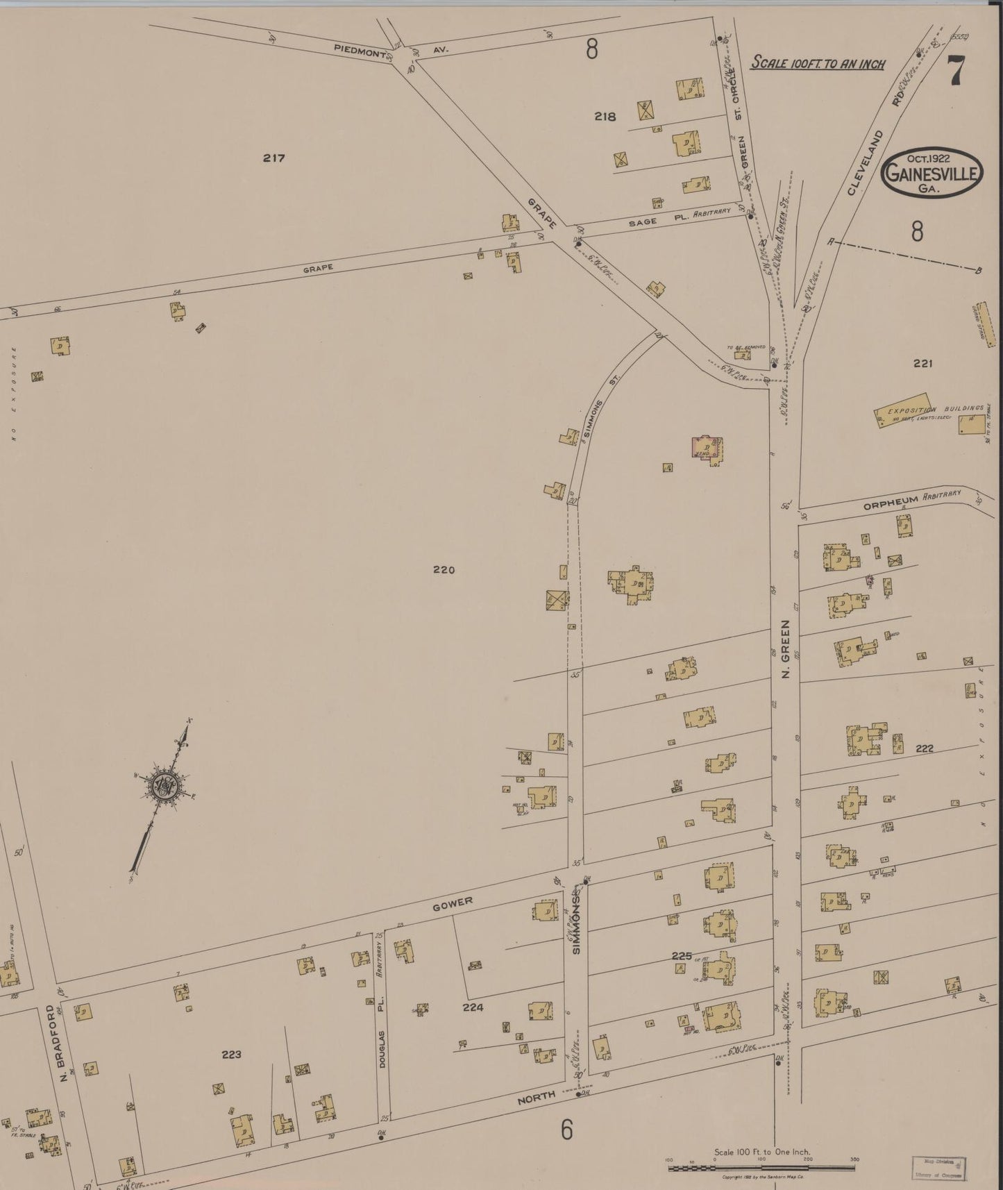 Sanborn Fire Insurance Map from Gainesville, Hall County, Georgia (1922), Sheet #0007 - Historic Sanborn Fire Insurance Map Print, vintage old map wall art, antique decor, genealogy gift, Georgia Georgia map