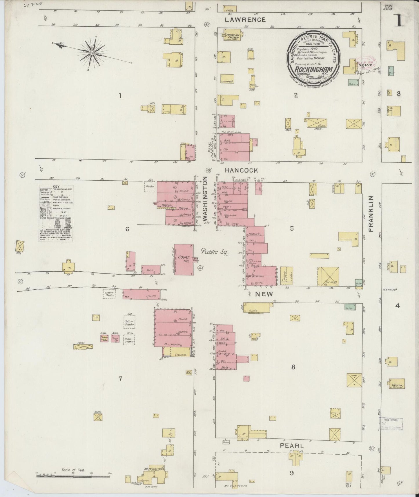 Sanborn Fire Insurance Map from Rockingham, Richmond County, North Carolina (1894), Sheet #0001 - Historic Sanborn Fire Insurance Map Print, vintage old map wall art, antique decor, genealogy gift, North Carolina North Carolina map