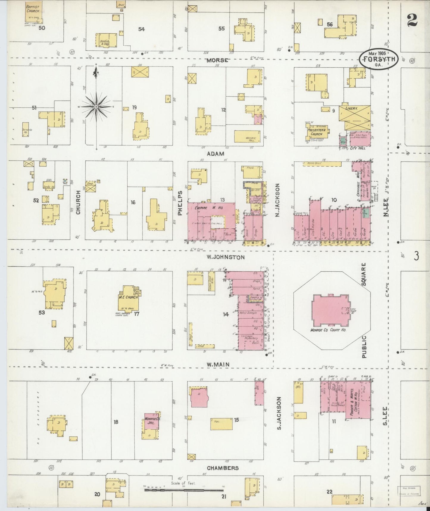 Sanborn Fire Insurance Map from Forsyth, Monroe County, Georgia (1905), Sheet #0002 - Historic Sanborn Fire Insurance Map Print, vintage old map wall art, antique decor, genealogy gift, Georgia Georgia map