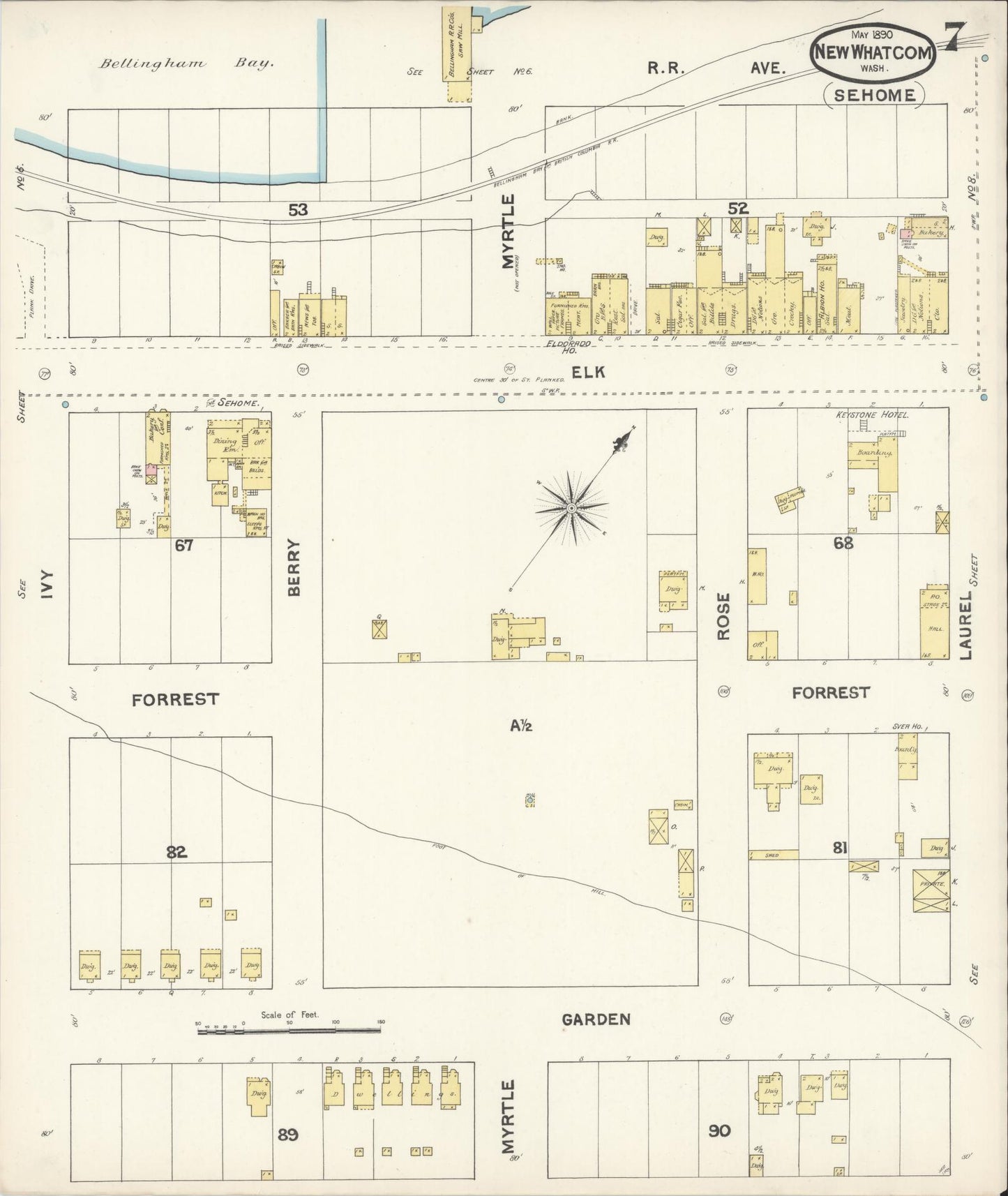 Sanborn Fire Insurance Map from New Whatcom, Whatcom County, Washington (1890), Sheet #0007 - Historic Sanborn Fire Insurance Map Print, vintage old map wall art, antique decor, genealogy gift, Washington Washington map