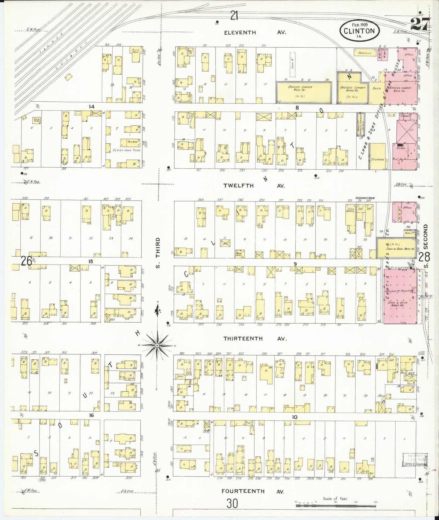 Sanborn Fire Insurance Map from Clinton, Clinton County, Iowa (1909), Sheet #0027 - Historic Sanborn Fire Insurance Map Print, vintage old map wall art