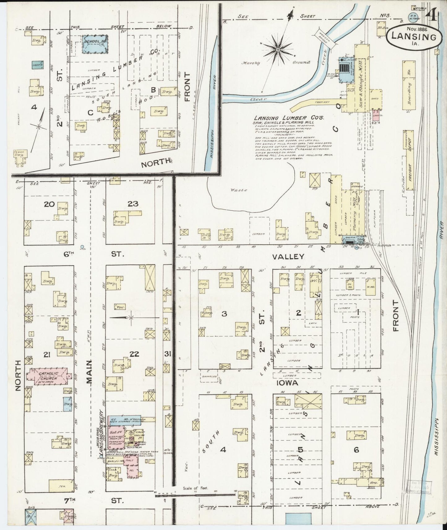 Sanborn Fire Insurance Map from Lansing, Allamakee County, Iowa (1886), Sheet #0004 - Historic Sanborn Fire Insurance Map Print, vintage old map wall art