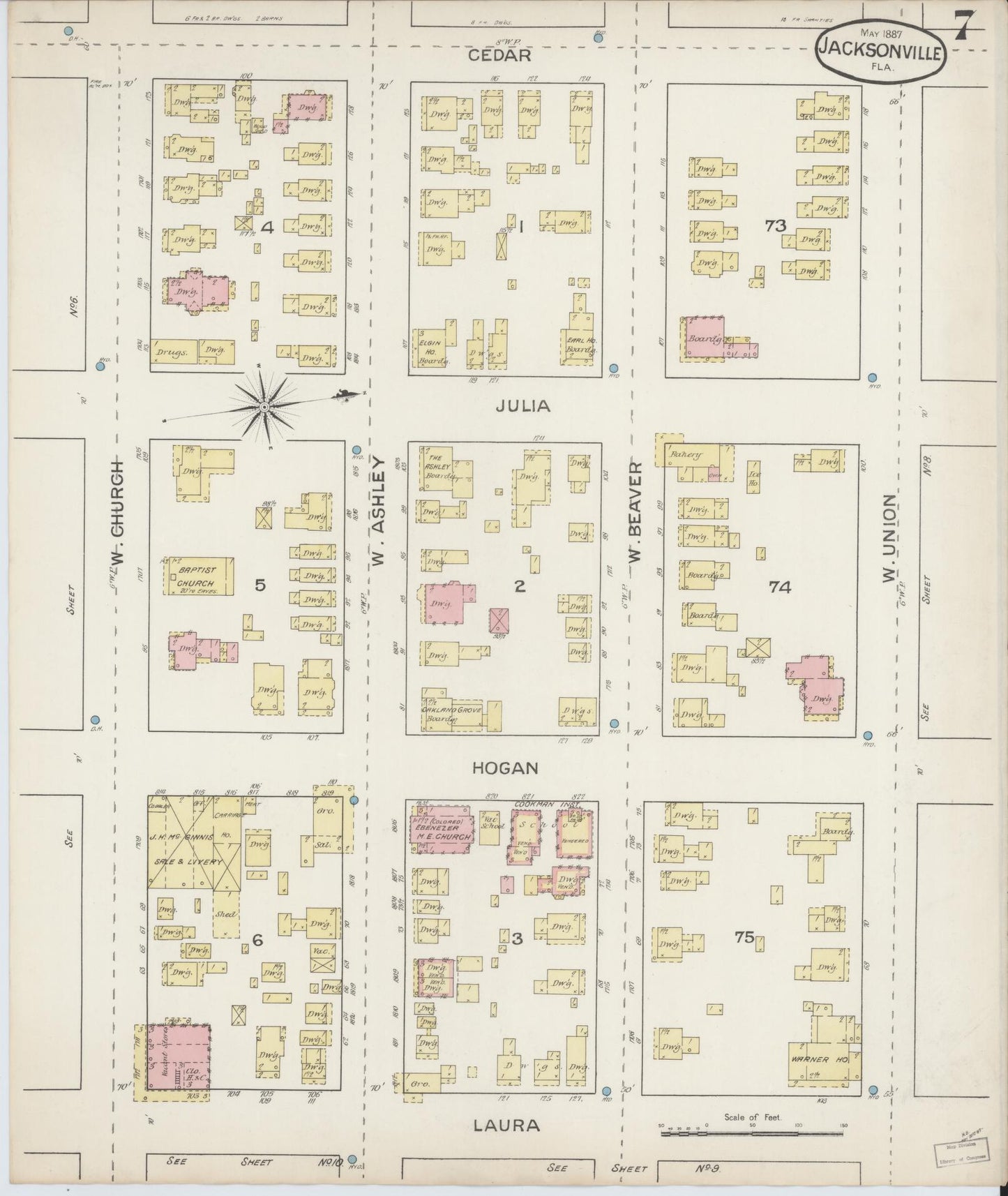 Sanborn Fire Insurance Map from Jacksonville, Duval County, Florida (1887), Sheet #0007 - Historic Sanborn Fire Insurance Map Print, vintage old map wall art, antique decor, genealogy gift, Florida Florida map