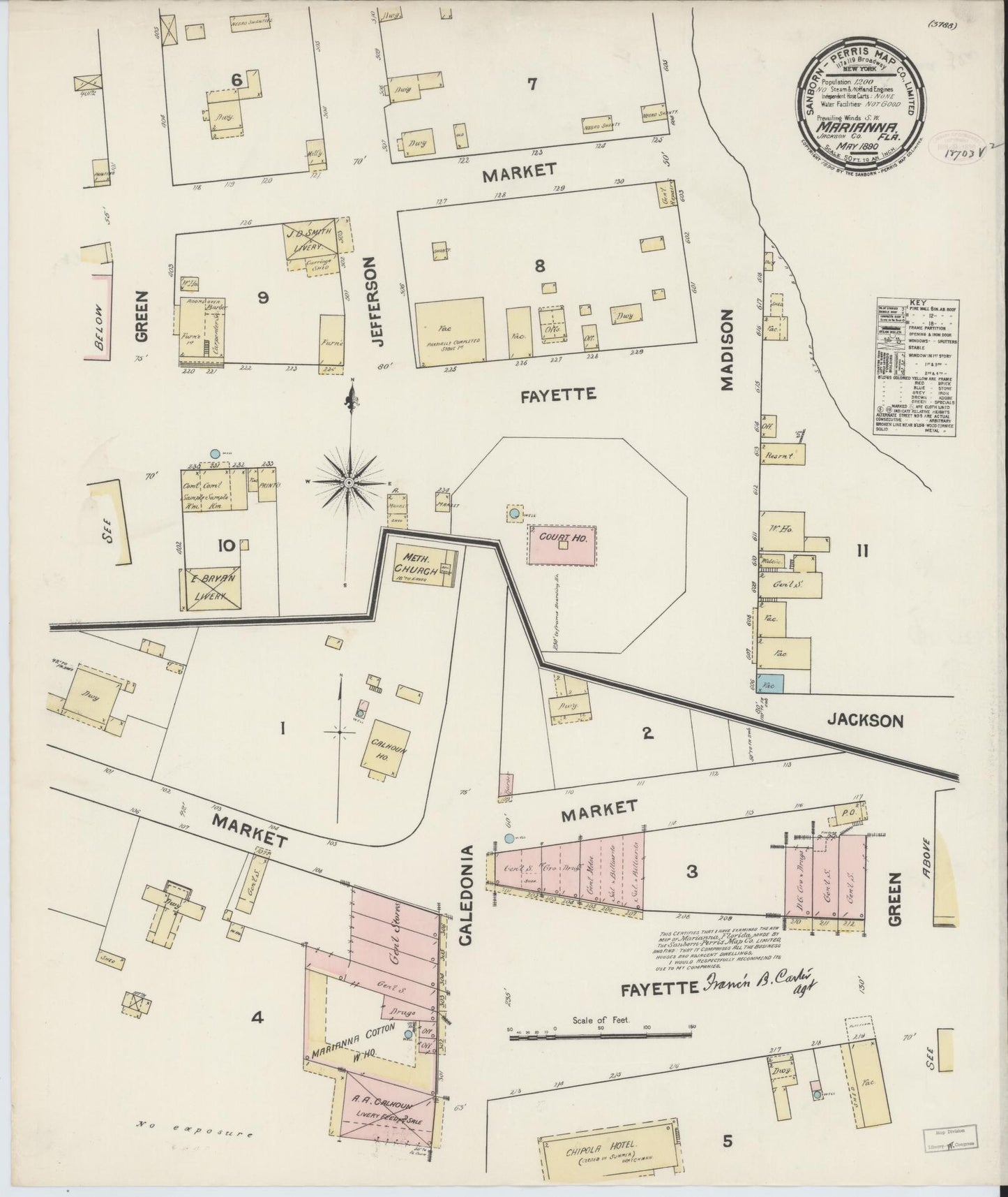 Sanborn Fire Insurance Map from Marianna, Jackson County, Florida (1890), Sheet #0001 - Historic Sanborn Fire Insurance Map Print, vintage old map wall art, antique decor, genealogy gift, Florida Florida map