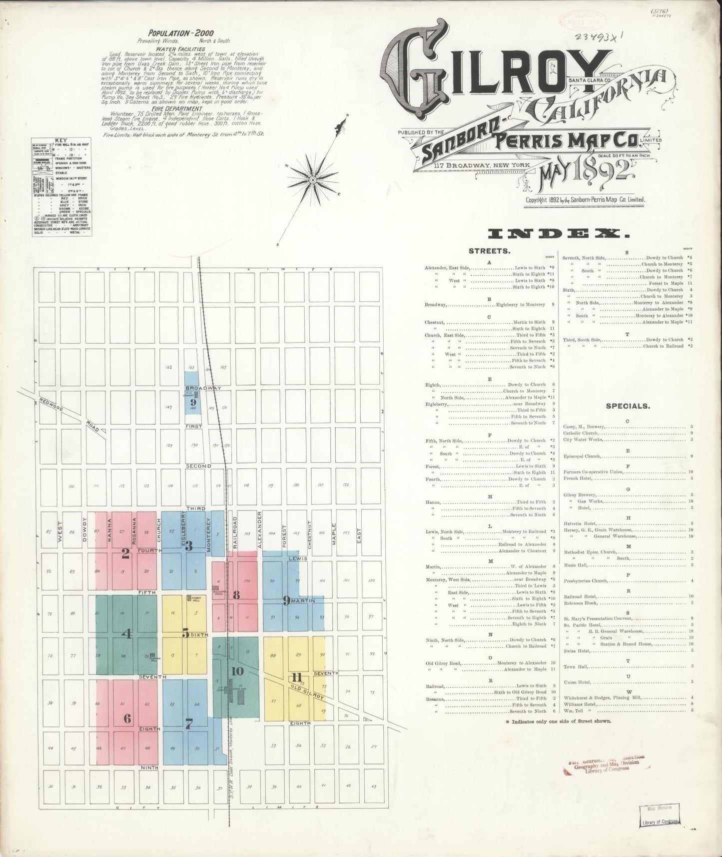 Sanborn Fire Insurance Map from Gilroy, Santa Clara County, California (1892), Sheet #0001 - Historic Sanborn Fire Insurance Map Print, vintage old map wall art, antique decor, genealogy gift, California California map
