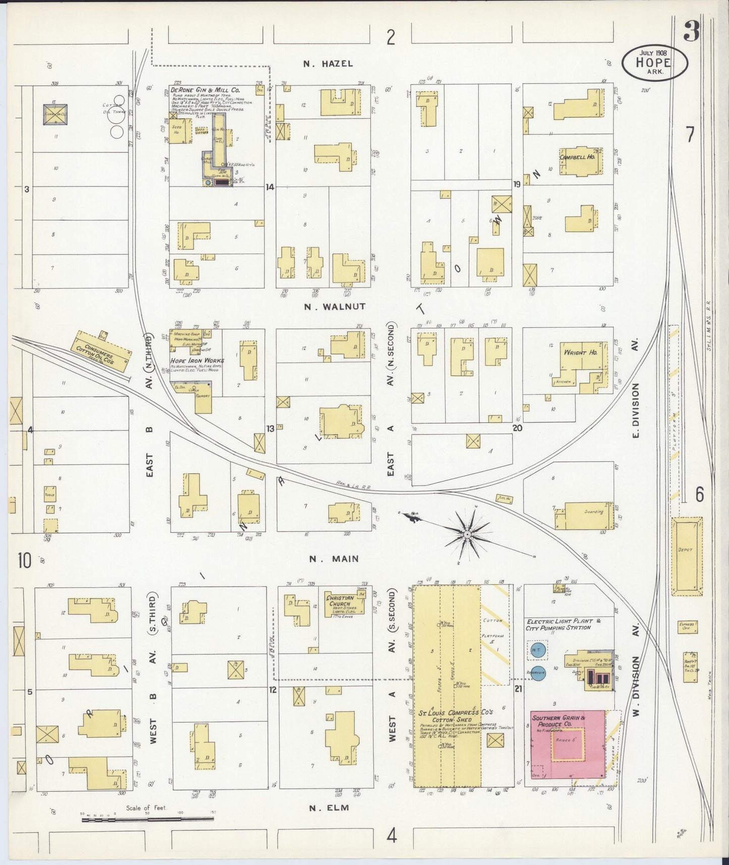 Sanborn Fire Insurance Map from Hope, Hempstead County, Arkansas (1908), Sheet #0003 - Historic Sanborn Fire Insurance Map Print, vintage old map wall art, antique decor, genealogy gift, Arkansas Arkansas map