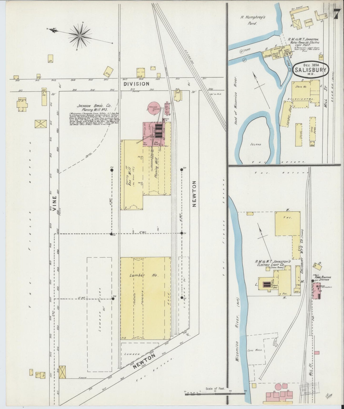 Sanborn Fire Insurance Map from Salisbury, Wicomico County, Maryland (1894), Sheet #0007 - Historic Sanborn Fire Insurance Map Print, vintage old map wall art, antique decor, genealogy gift, Maryland Maryland map