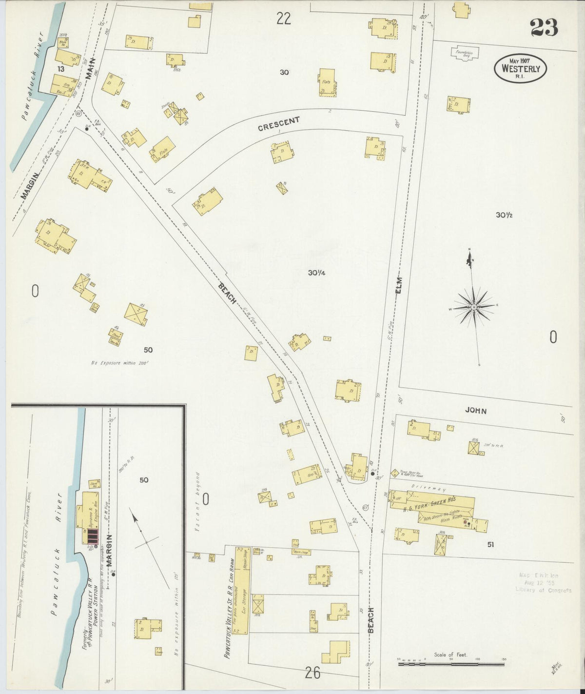 Sanborn Fire Insurance Map from Westerly, Washington County, Rhode Island (1907), Sheet #0023 - Historic Sanborn Fire Insurance Map Print, vintage old map wall art, antique decor, genealogy gift, Rhode Island Rhode Island map