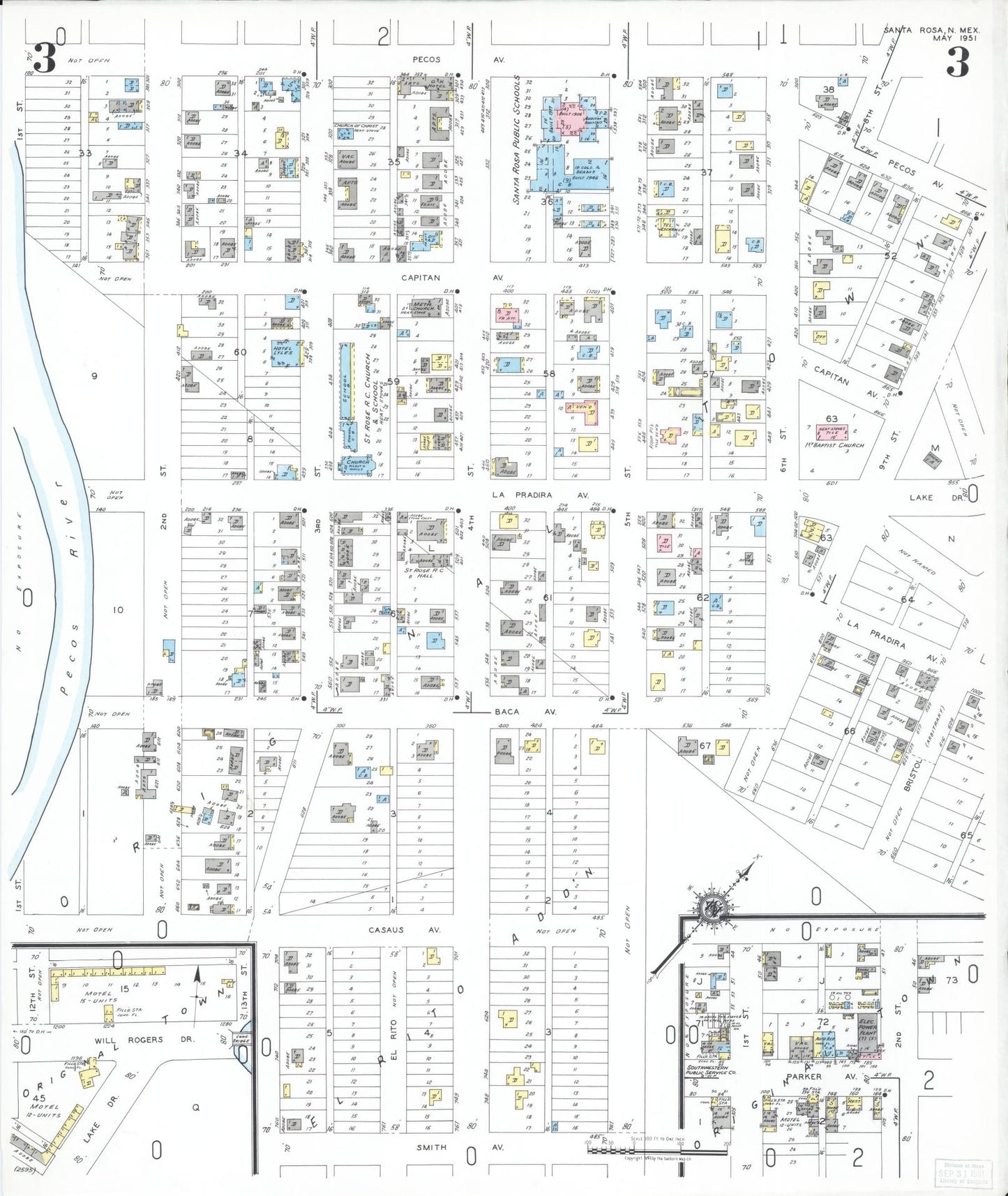 Sanborn Fire Insurance Map from Santa Rosa, Guadalupe County, New Mexico (1951), Sheet #0003 - Historic Sanborn Fire Insurance Map Print, vintage old map wall art, antique decor, genealogy gift, New Mexico New Mexico map