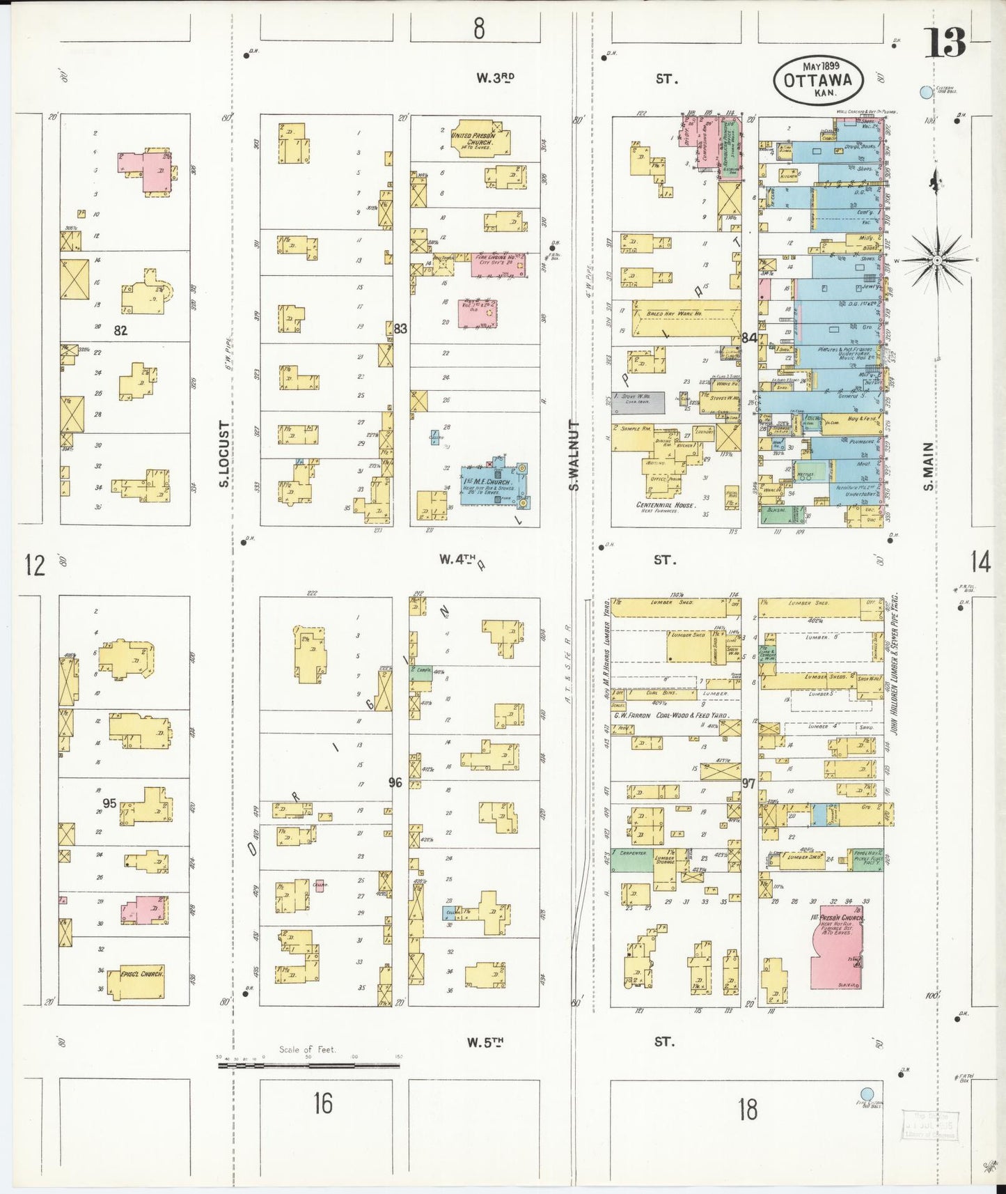 Sanborn Fire Insurance Map from Ottawa, Franklin County, Kansas (1899), Sheet #0013 - Historic Sanborn Fire Insurance Map Print, vintage old map wall art, antique decor, genealogy gift, Kansas Kansas map