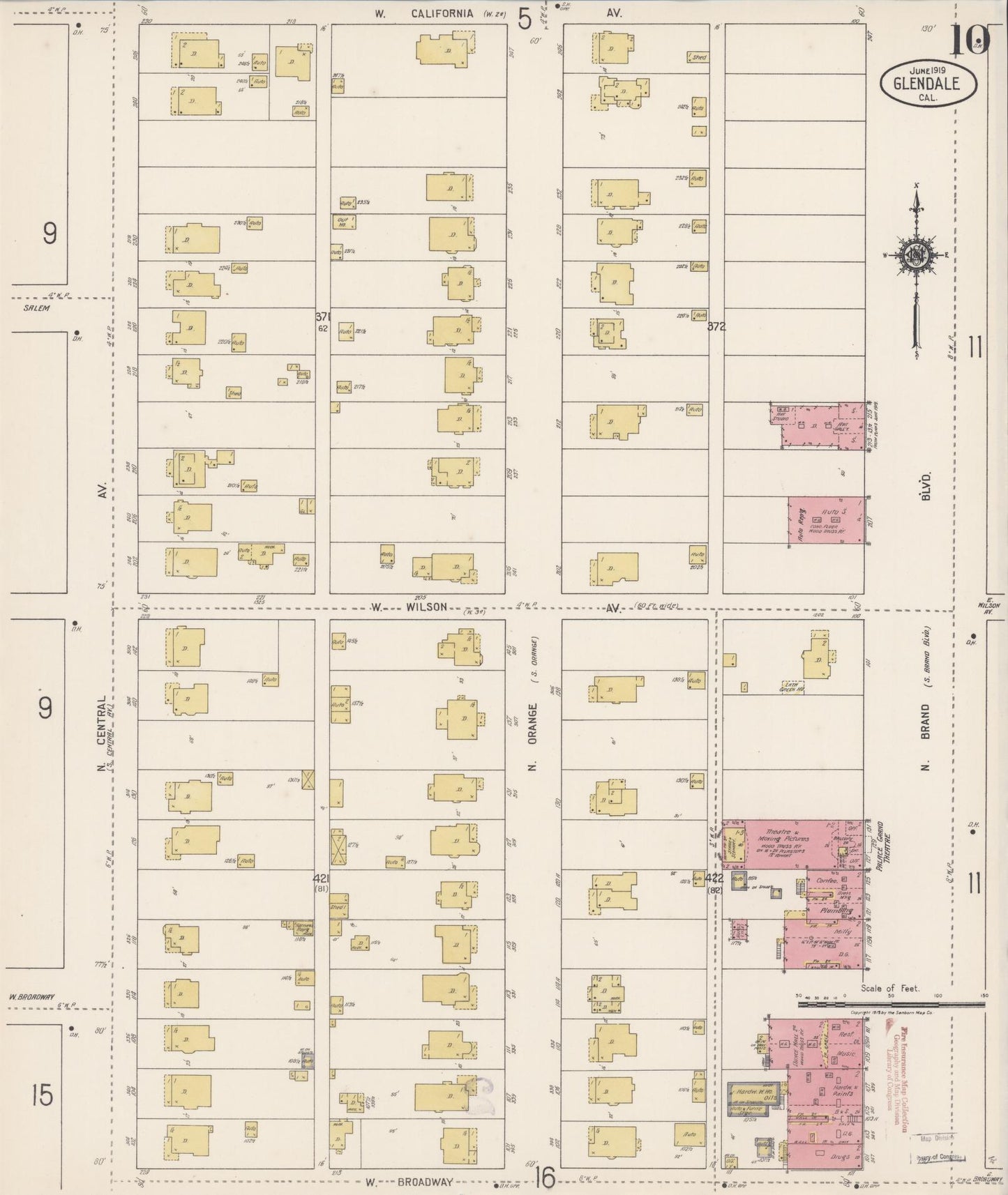 Sanborn Fire Insurance Map from Glendale, Los Angeles County, California (1919), Sheet #0010 - Historic Sanborn Fire Insurance Map Print, vintage old map wall art, antique decor, genealogy gift, California California map