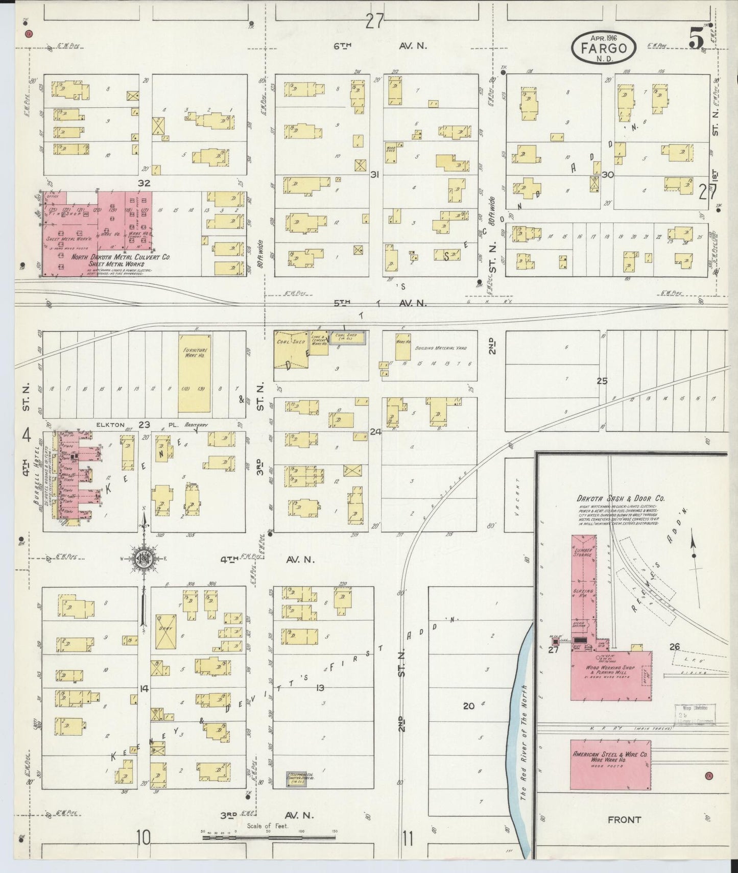 Sanborn Fire Insurance Map from Fargo, Cass County, North Dakota (1916), Sheet #0005 - Historic Sanborn Fire Insurance Map Print, vintage old map wall art, antique decor, genealogy gift, North Dakota North Dakota map