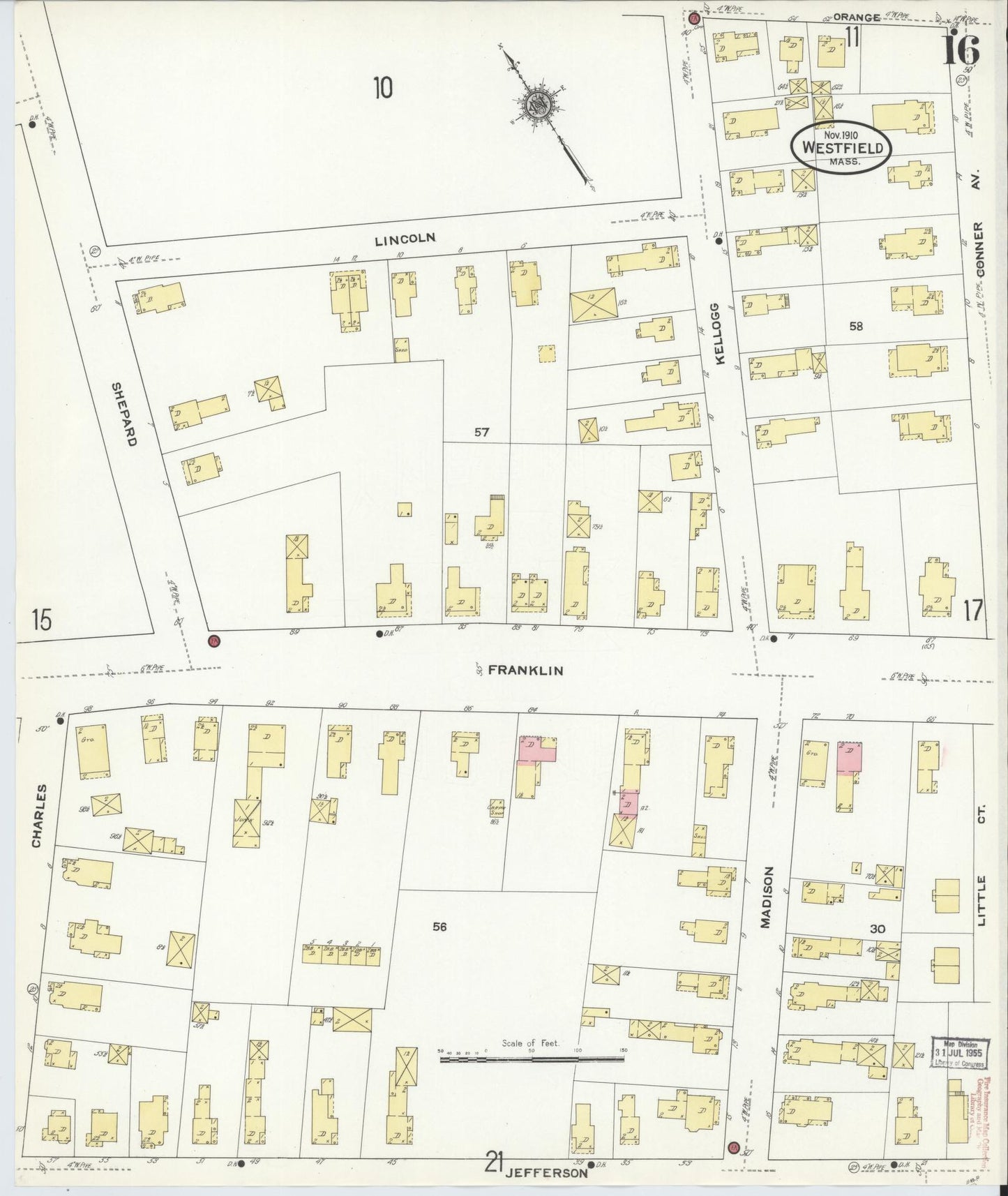 Sanborn Fire Insurance Map from Westfield, Hampden County, Massachusetts (1910), Sheet #0016 - Historic Sanborn Fire Insurance Map Print, vintage old map wall art, antique decor, genealogy gift, Massachusetts Massachusetts map