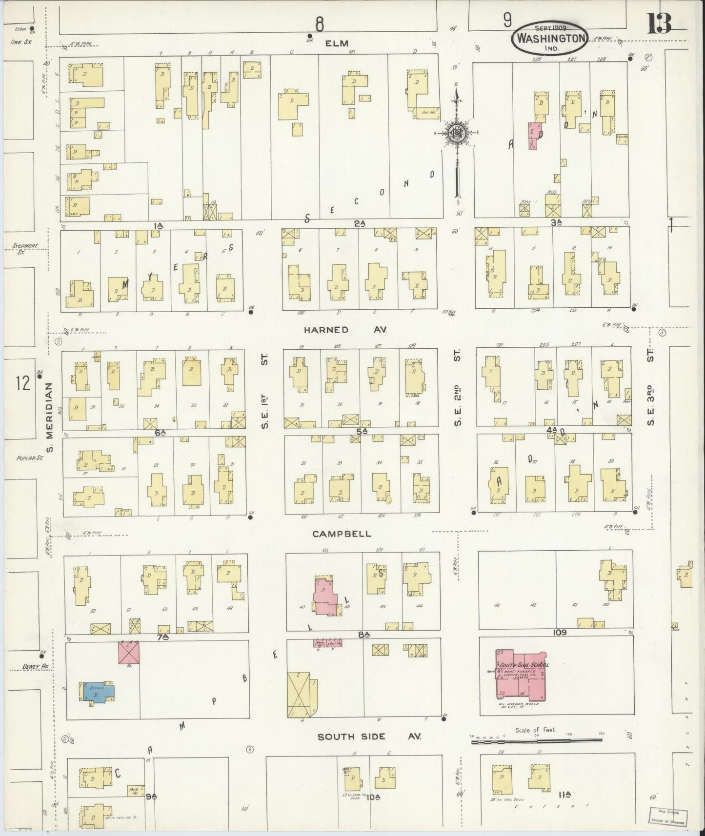 Sanborn Fire Insurance Map from Washington, Daviess County, Indiana (1909), Sheet #0013 - Historic Sanborn Fire Insurance Map Print, vintage old map wall art, antique decor, genealogy gift, Washington Washington map