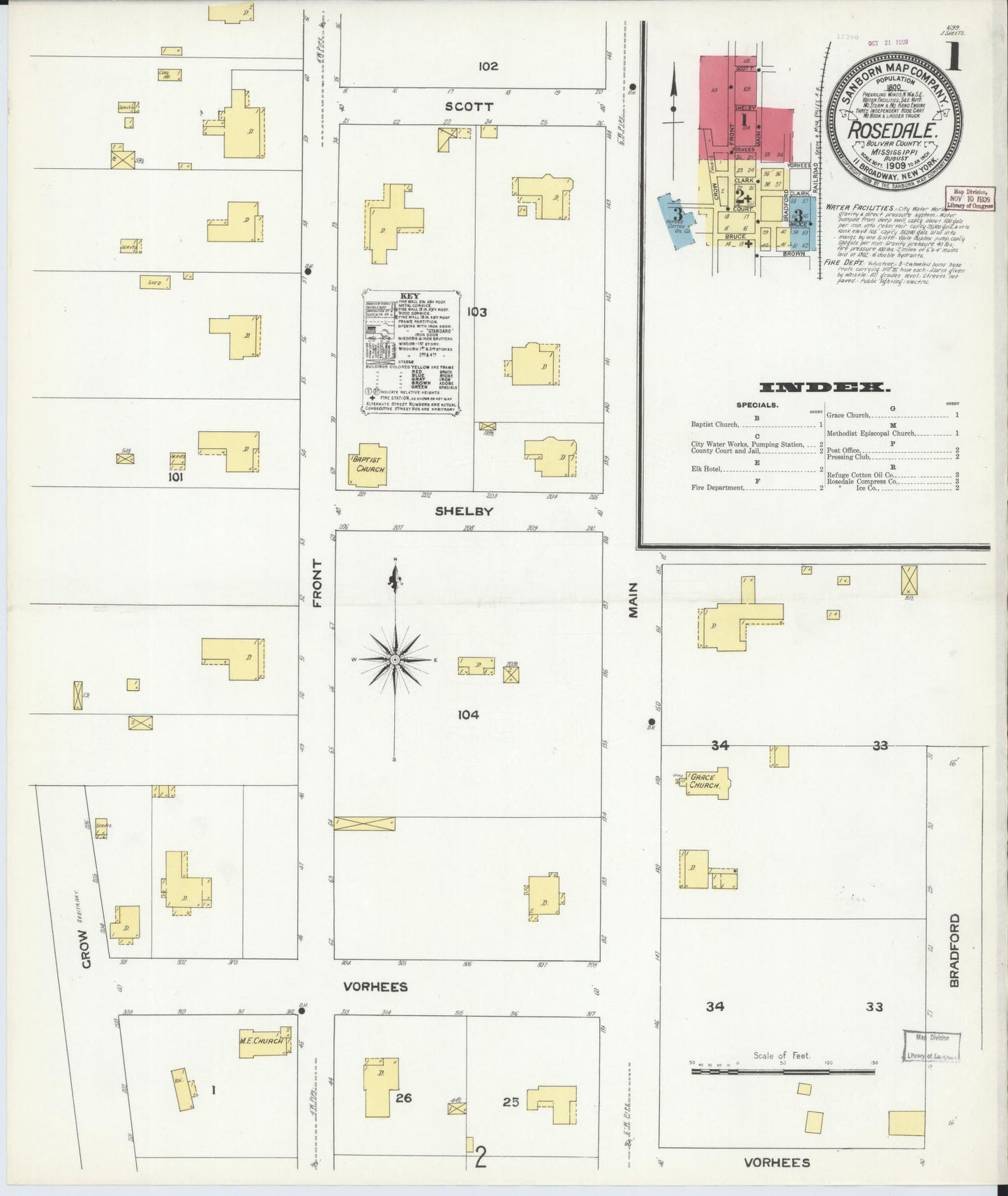 Sanborn Fire Insurance Map from Rosedale, Bolivar County, Mississippi (1909), Sheet #0001 - Historic Sanborn Fire Insurance Map Print, vintage old map wall art, antique decor, genealogy gift, Mississippi Mississippi map
