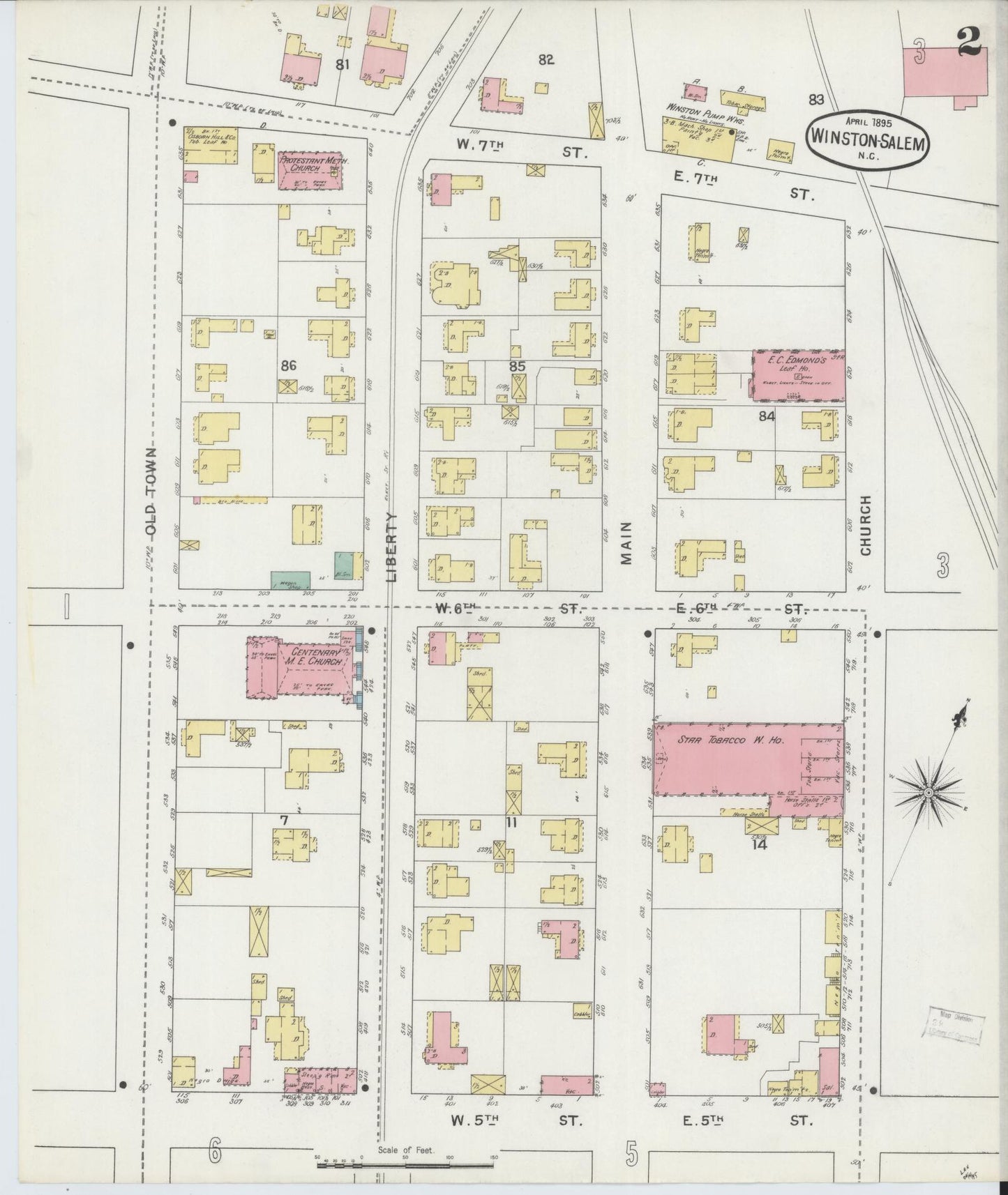 Sanborn Fire Insurance Map from Winston-Salem, Forsyth County, North Carolina (1895), Sheet #0002 - Historic Sanborn Fire Insurance Map Print, vintage old map wall art, antique decor, genealogy gift, North Carolina North Carolina map