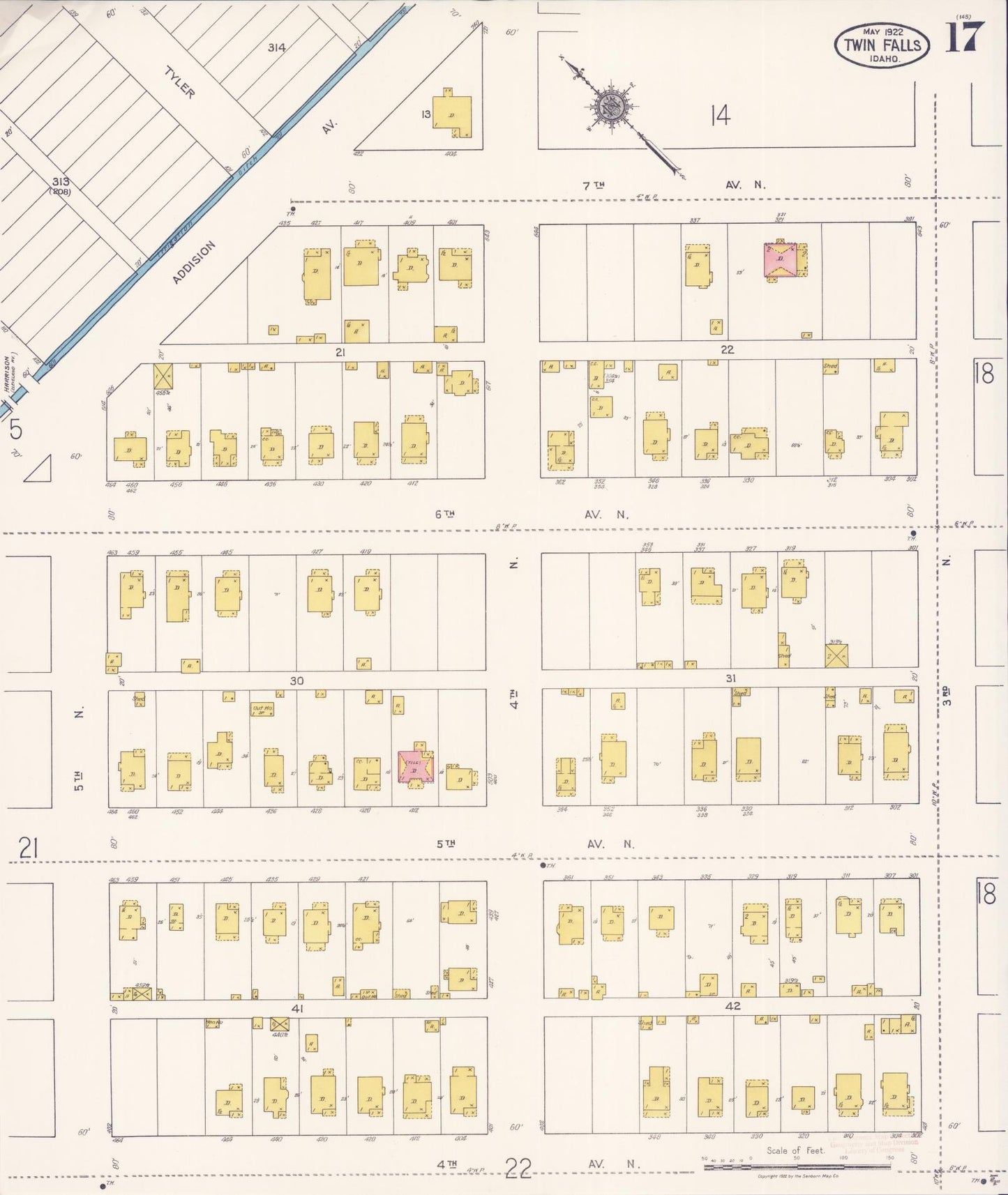 Sanborn Fire Insurance Map from Twin Falls, Twin Falls County, Idaho (1922), Sheet #0017 - Historic Sanborn Fire Insurance Map Print, vintage old map wall art, antique decor, genealogy gift, Falls Idaho map