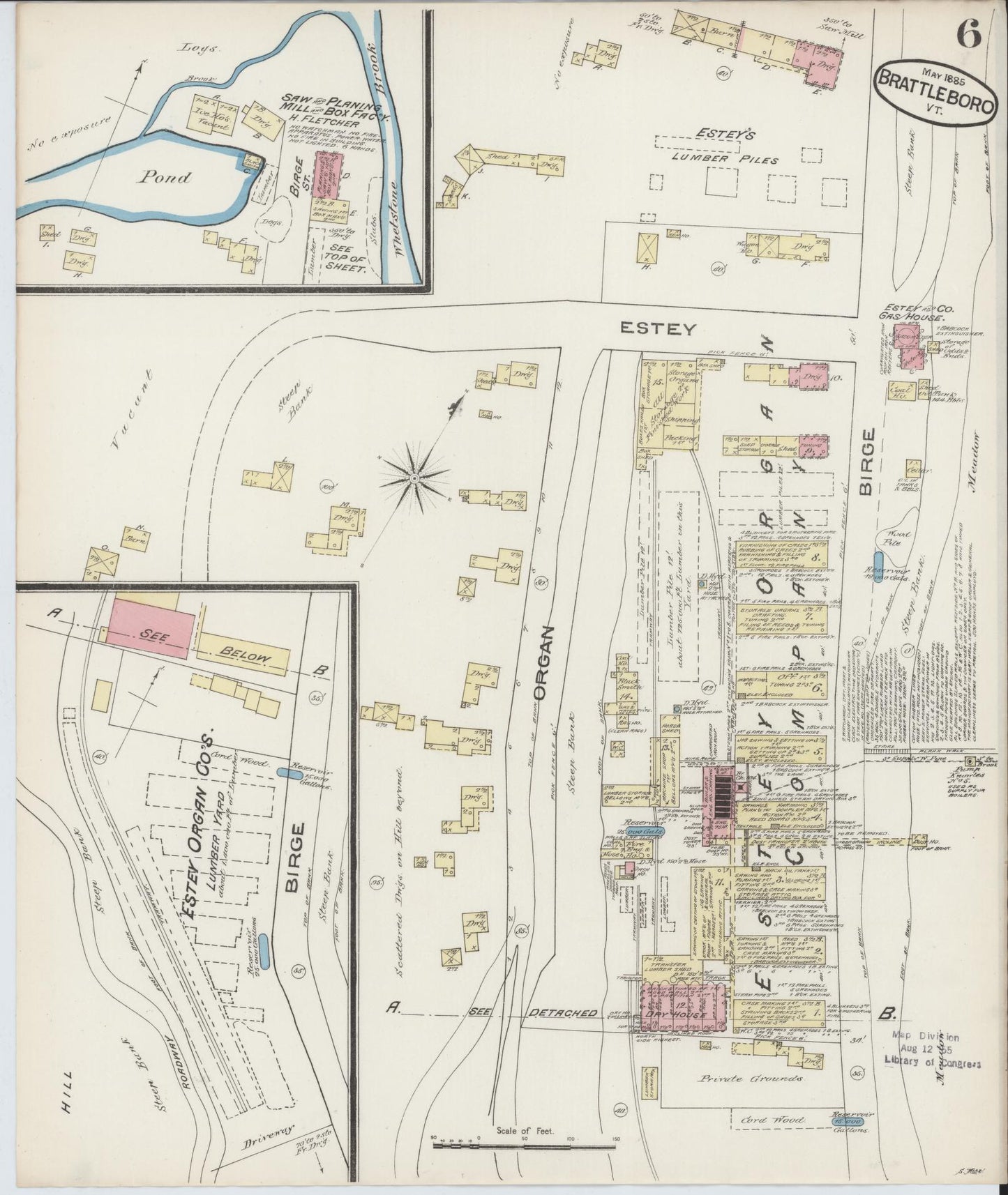 Sanborn Fire Insurance Map from Brattleboro, Windham County, Vermont (1885), Sheet #0006 - Complete Map Set gallery image, historic Sanborn map, vintage wall art, Vermont Vermont