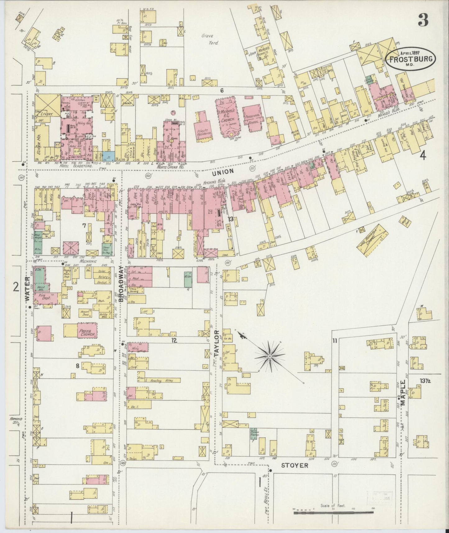 Sanborn Fire Insurance Map from Frostburg, Allegany County, Maryland (1897), Sheet #0003 - Historic Sanborn Fire Insurance Map Print, vintage old map wall art