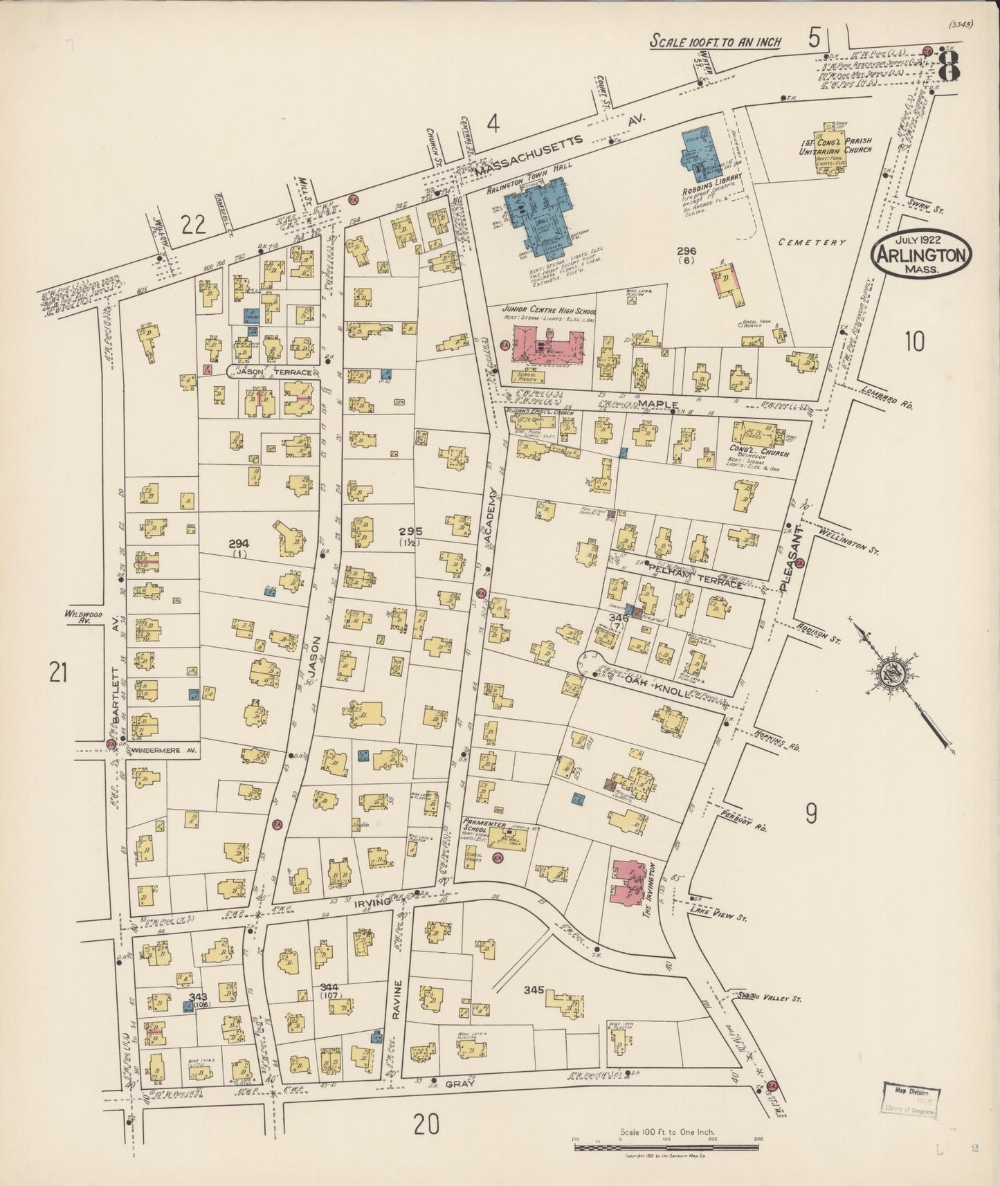 Sanborn Fire Insurance Map from Arlington, Middlesex County, Massachusetts (1922), Sheet #0008 - Historic Sanborn Fire Insurance Map Print, vintage old map wall art, antique decor, genealogy gift, Massachusetts Massachusetts map