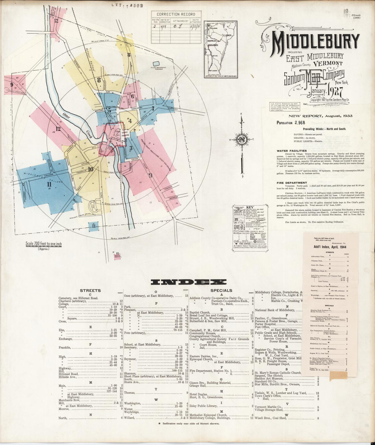 Sanborn Fire Insurance Map from Middlebury, Addison County, Vermont (1944), Sheet #0001 - Historic Sanborn Fire Insurance Map Print, vintage old map wall art, antique decor, genealogy gift, Vermont Vermont map