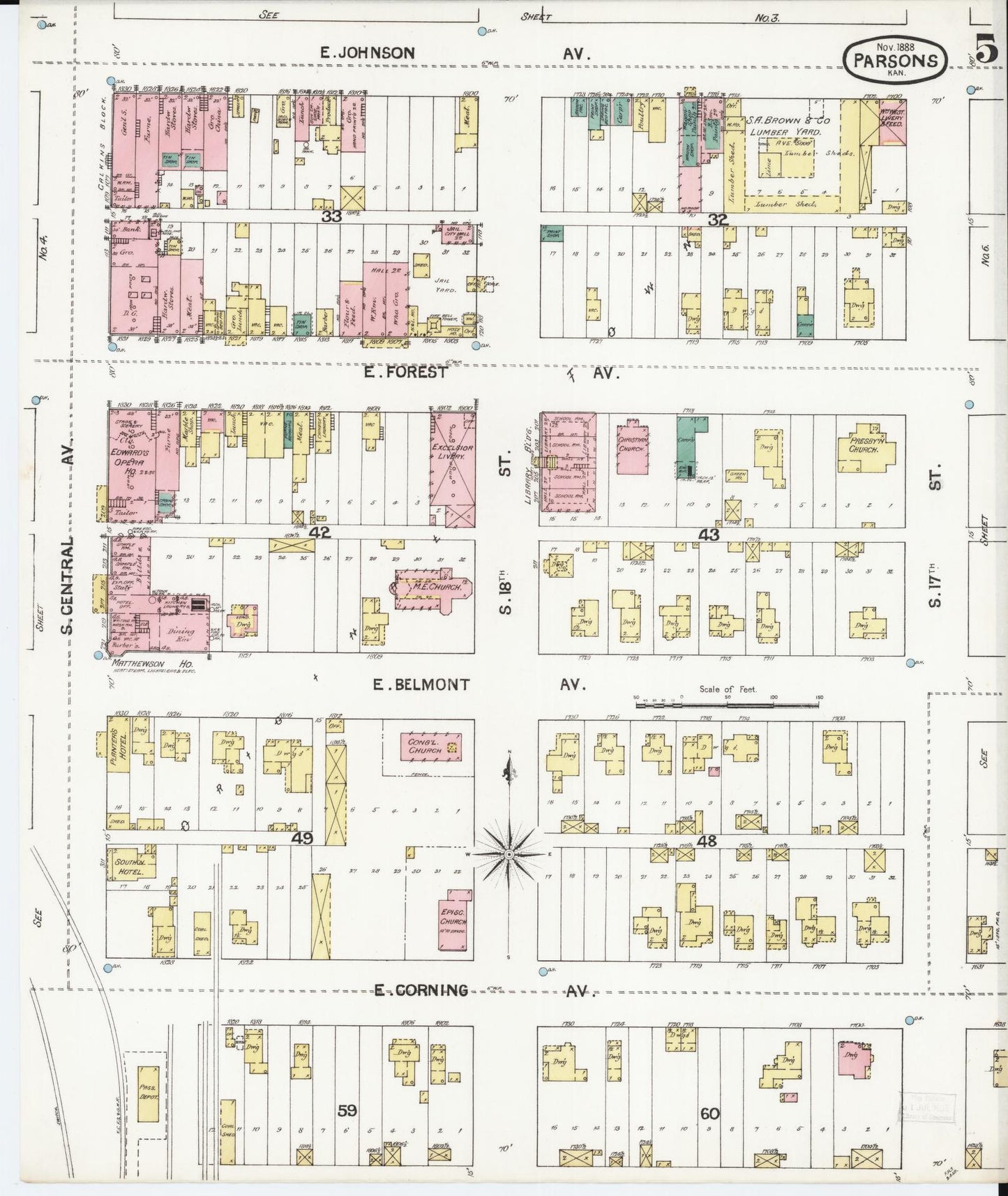 Sanborn Fire Insurance Map from Parsons, Labette County, Kansas (1888), Sheet #0005 - Historic Sanborn Fire Insurance Map Print, vintage old map wall art, antique decor, genealogy gift, Kansas Kansas map