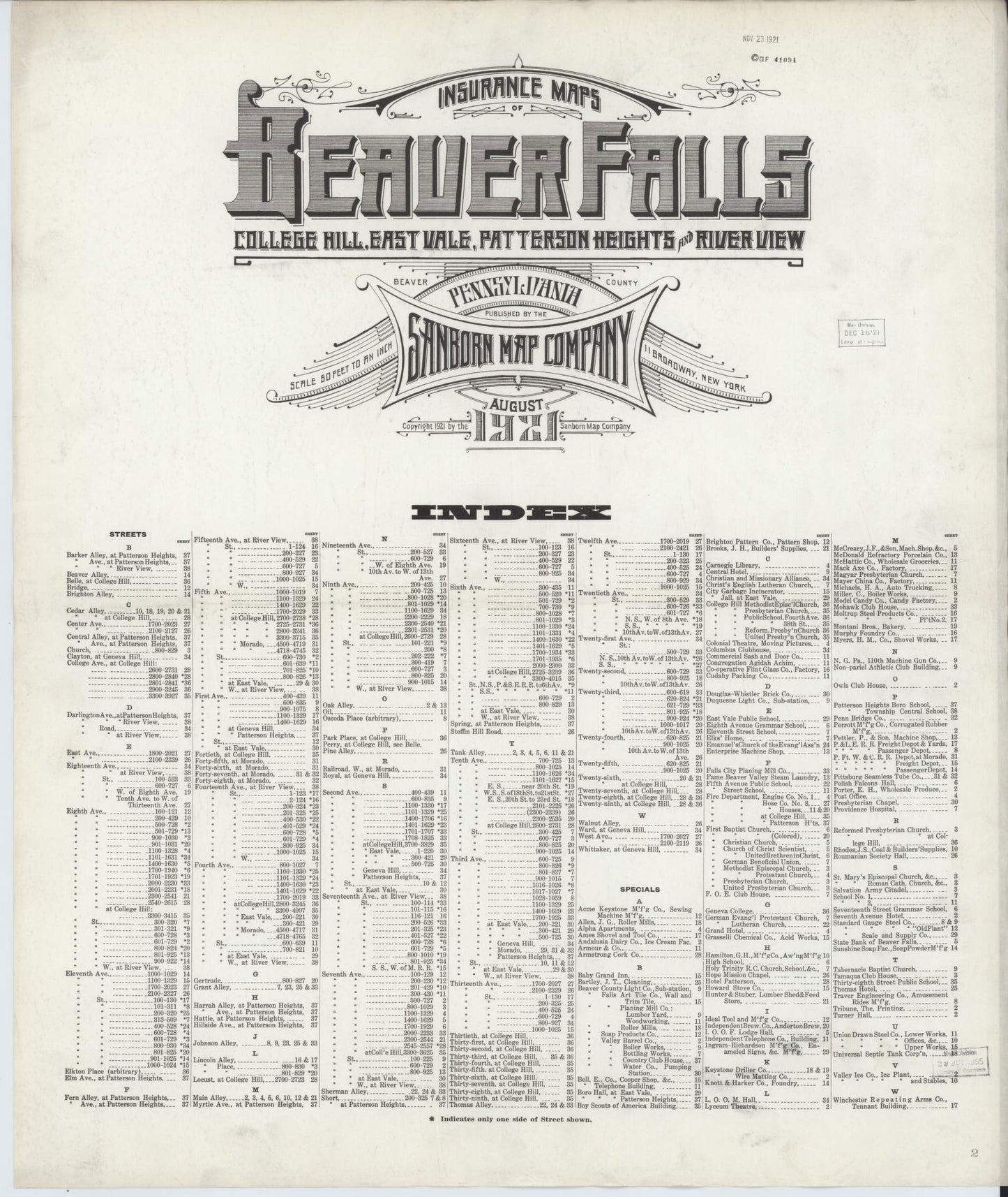 Sanborn Fire Insurance Map from Beaver Falls, Beaver County, Pennsylvania (1921), Sheet #0001 - Historic Sanborn Fire Insurance Map Print, vintage old map wall art, antique decor, genealogy gift, Pennsylvania Pennsylvania map
