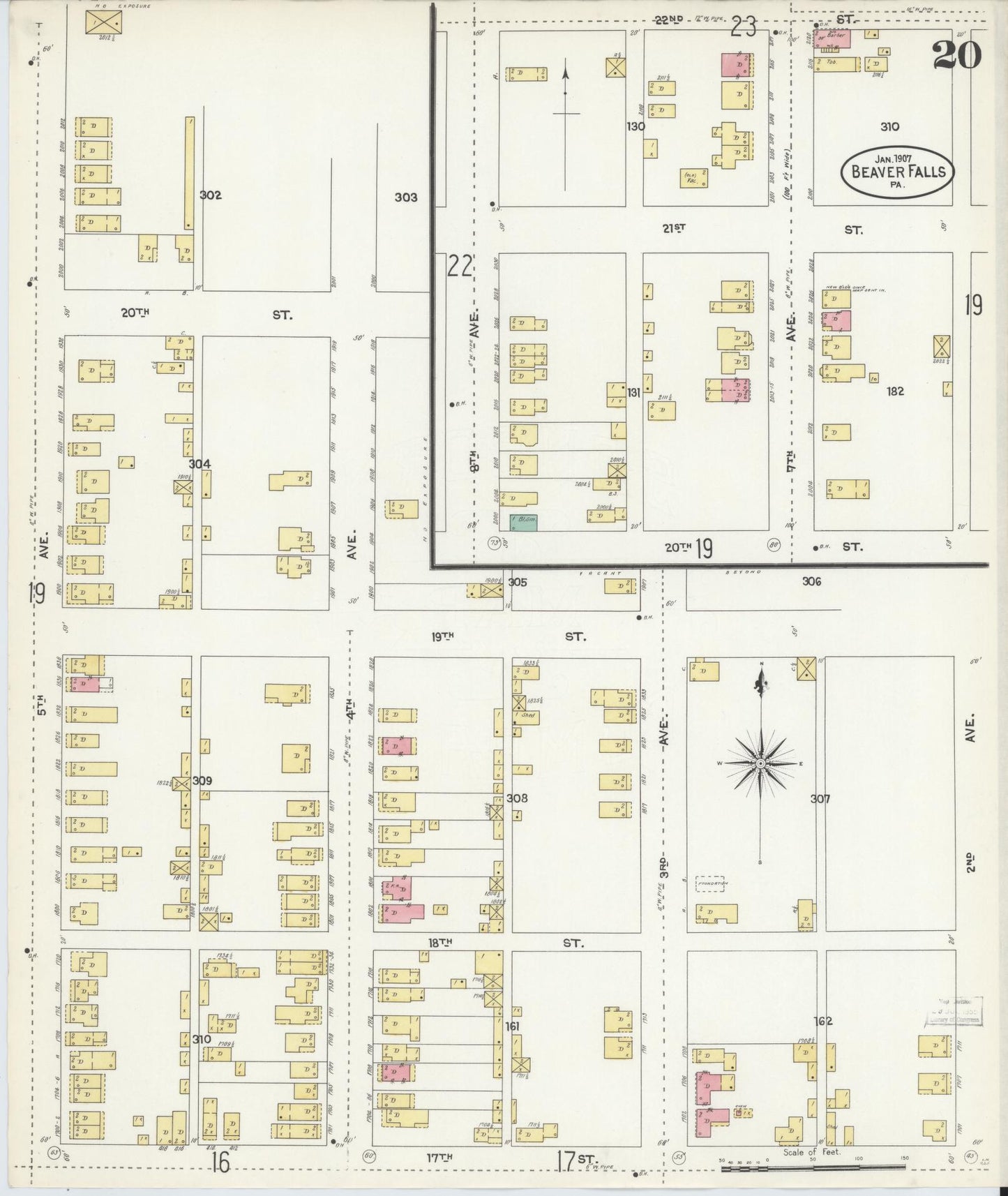 Sanborn Fire Insurance Map from Beaver Falls, Beaver County, Pennsylvania (1907), Sheet #0020 - Historic Sanborn Fire Insurance Map Print, vintage old map wall art, antique decor, genealogy gift, Pennsylvania Pennsylvania map