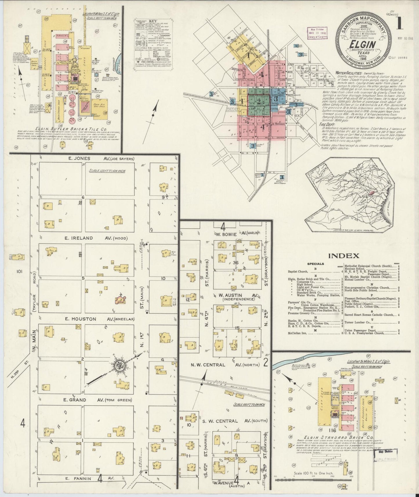 Sanborn Fire Insurance Map from Elgin, Bastrop County, Texas. (1916) – Historic Sanborn Fire Insurance Map Print