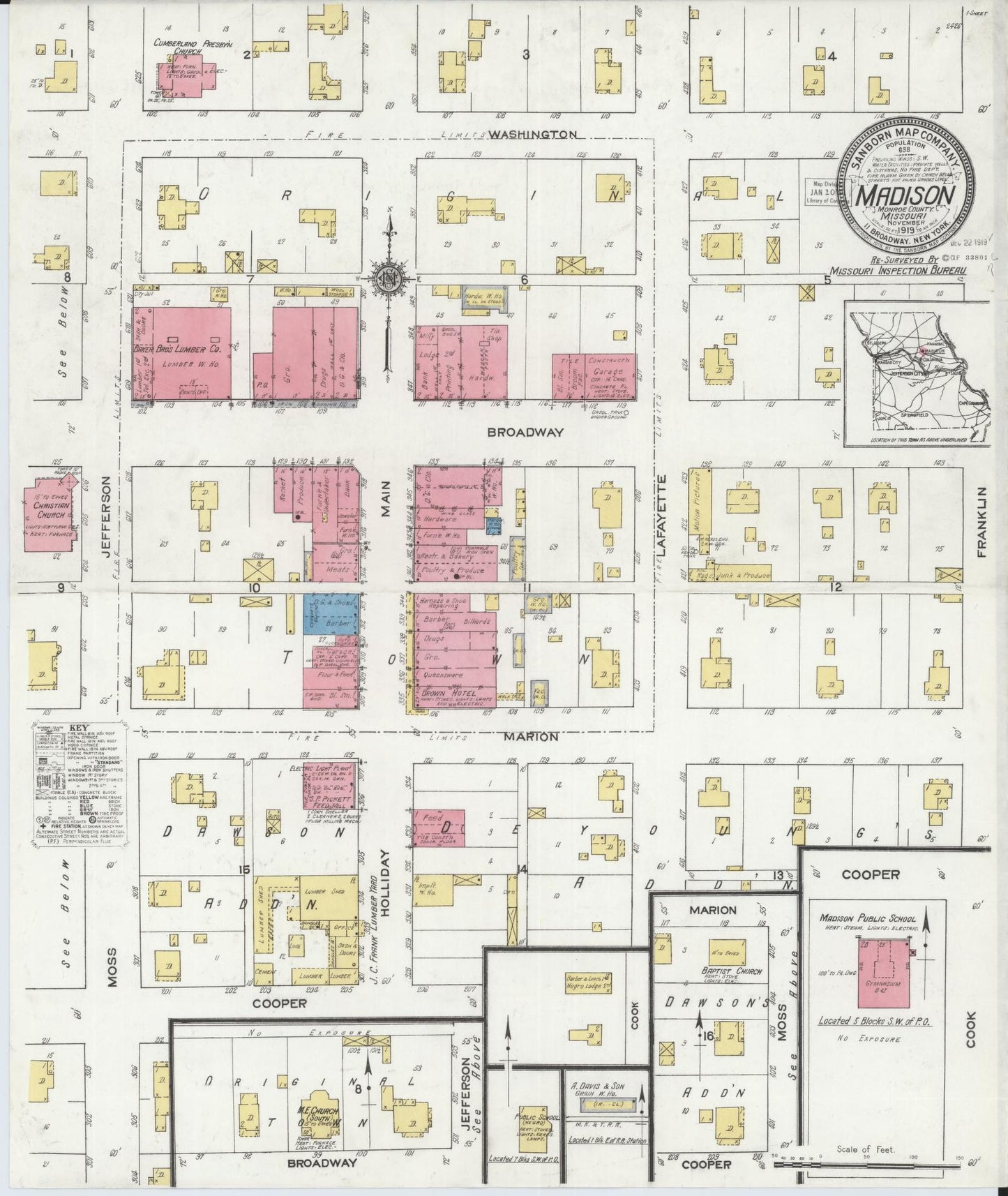 Sanborn Fire Insurance Map from Madison, Monroe County, Missouri (1919), Sheet #0001 - Historic Sanborn Fire Insurance Map Print, vintage old map wall art, antique decor, genealogy gift, Missouri Missouri map