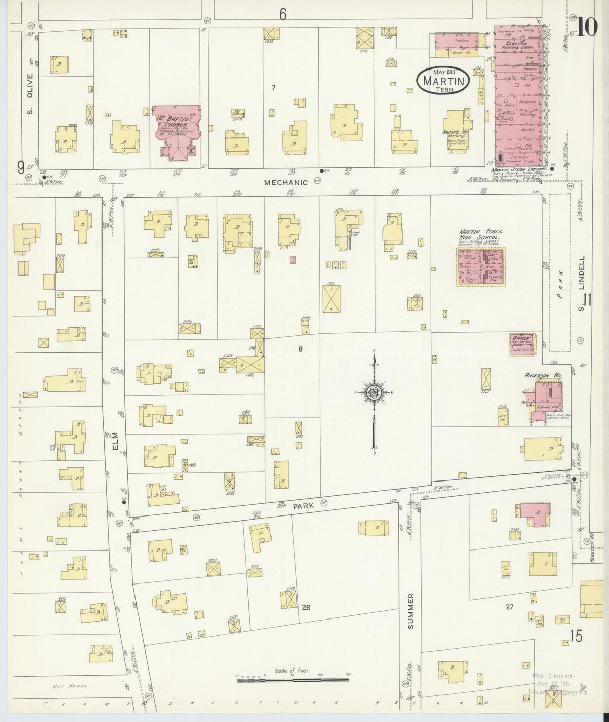 Sanborn Fire Insurance Map from Martin, Weakley County, Tennessee (1913), Sheet #0010 - Historic Sanborn Fire Insurance Map Print, vintage old map wall art, antique decor, genealogy gift, Tennessee Tennessee map
