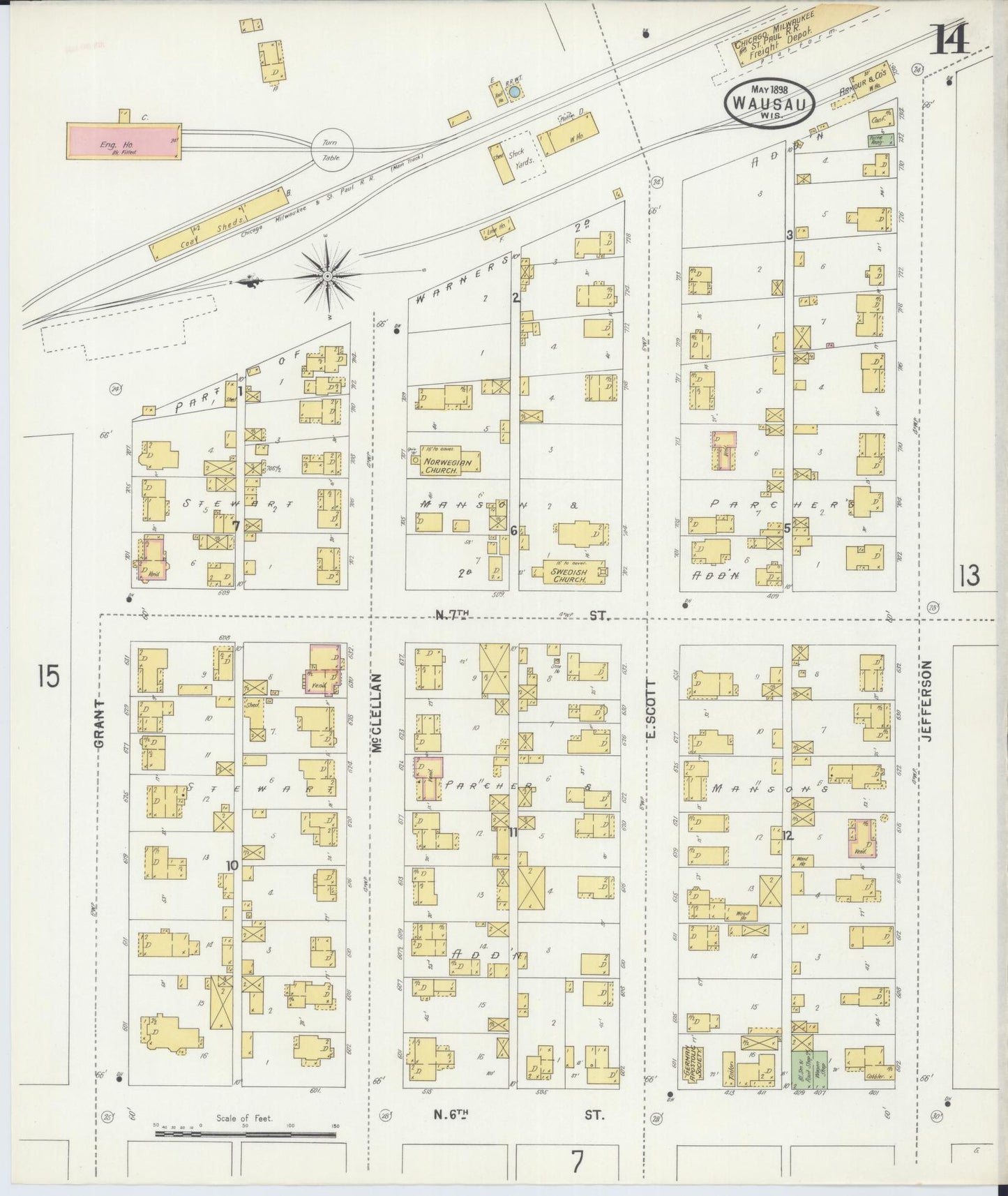 Sanborn Fire Insurance Map from Wausau, Marathon County, Wisconsin (1898), Sheet #0014 - Historic Sanborn Fire Insurance Map Print, vintage old map wall art, antique decor, genealogy gift, Wisconsin Wisconsin map