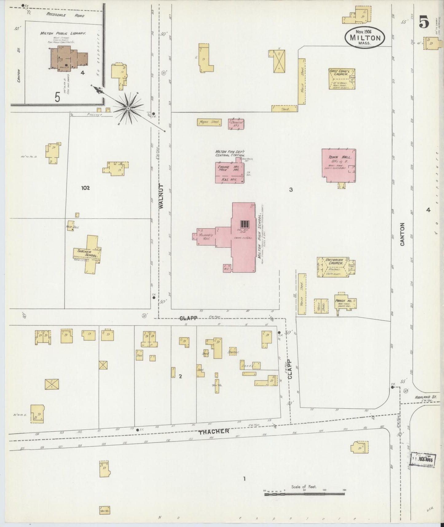 Sanborn Fire Insurance Map from Milton, Norfolk County, Massachusetts (1906), Sheet #0005 - Historic Sanborn Fire Insurance Map Print, vintage old map wall art, antique decor, genealogy gift, Massachusetts Massachusetts map