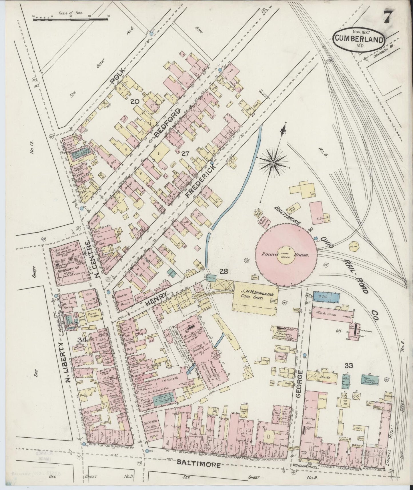 Sanborn Fire Insurance Map from Cumberland, Allegany County, Maryland (1887), Sheet #0007 - Historic Sanborn Fire Insurance Map Print, vintage old map wall art, antique decor, genealogy gift, Maryland Maryland map