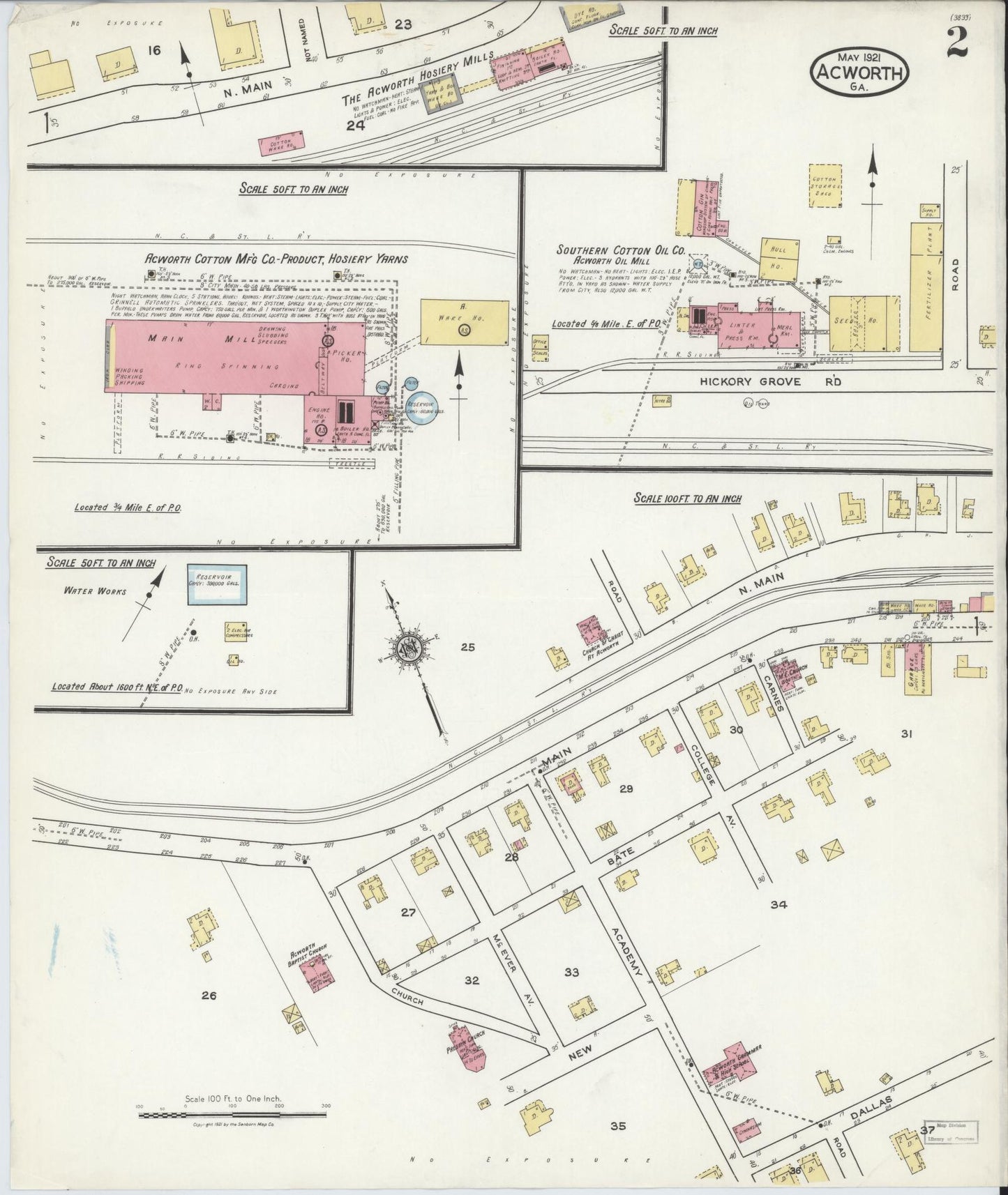 Sanborn Fire Insurance Map from Acworth, Cobb County, Georgia (1921), Sheet #0002 - Historic Sanborn Fire Insurance Map Print, vintage old map wall art, antique decor, genealogy gift, Georgia Georgia map