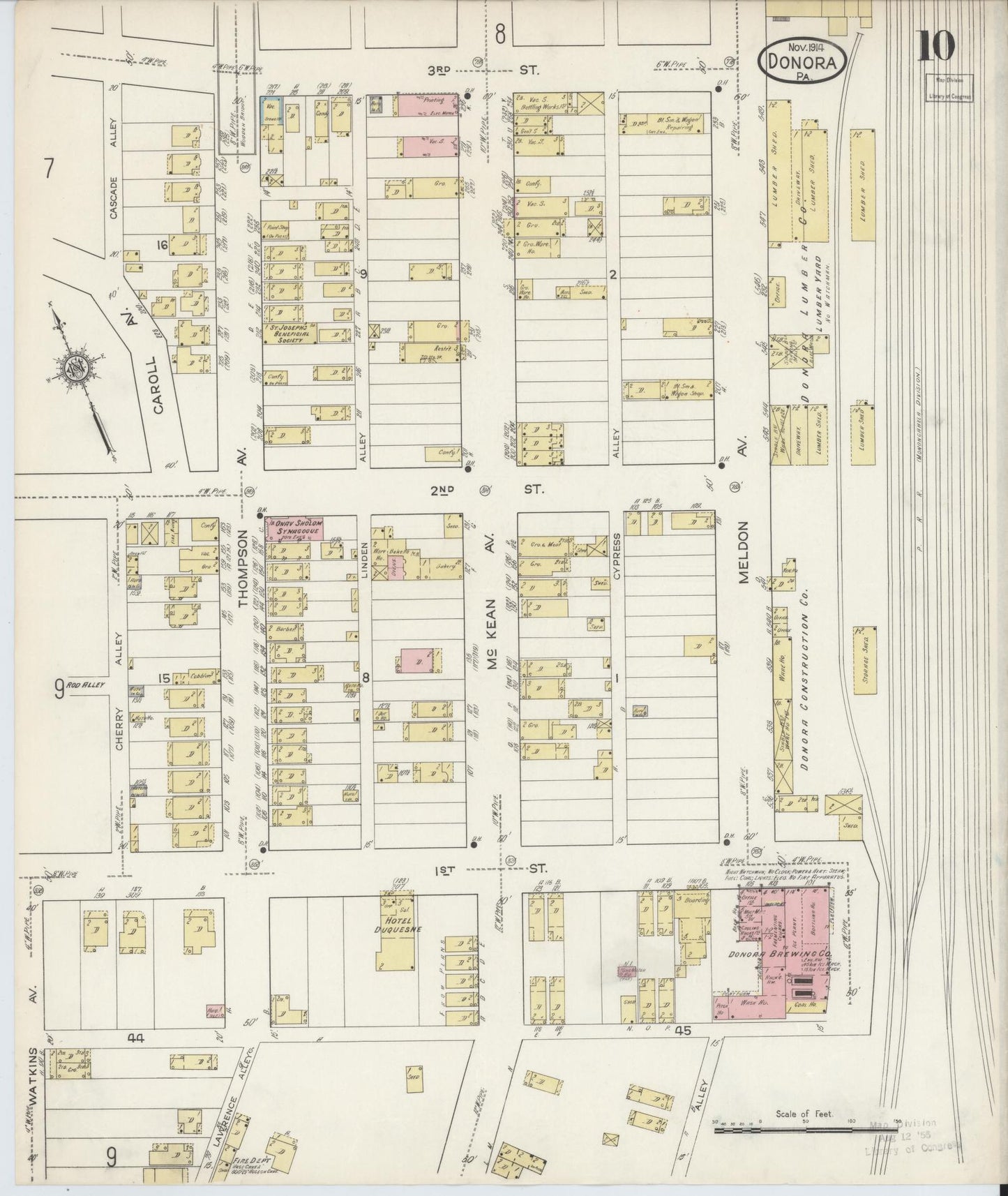 Sanborn Fire Insurance Map from Donora, Washington County, Pennsylvania (1914), Sheet #0010 - Historic Sanborn Fire Insurance Map Print, vintage old map wall art, antique decor, genealogy gift, Pennsylvania Pennsylvania map