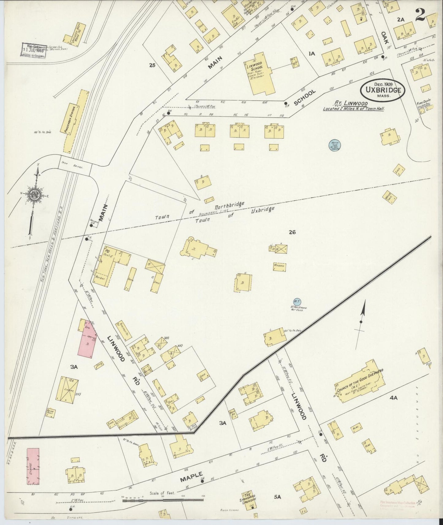 Sanborn Fire Insurance Map from Uxbridge, Worcester County, Massachusetts (1909), Sheet #0002 - Historic Sanborn Fire Insurance Map Print, vintage old map wall art, antique decor, genealogy gift, Massachusetts Massachusetts map