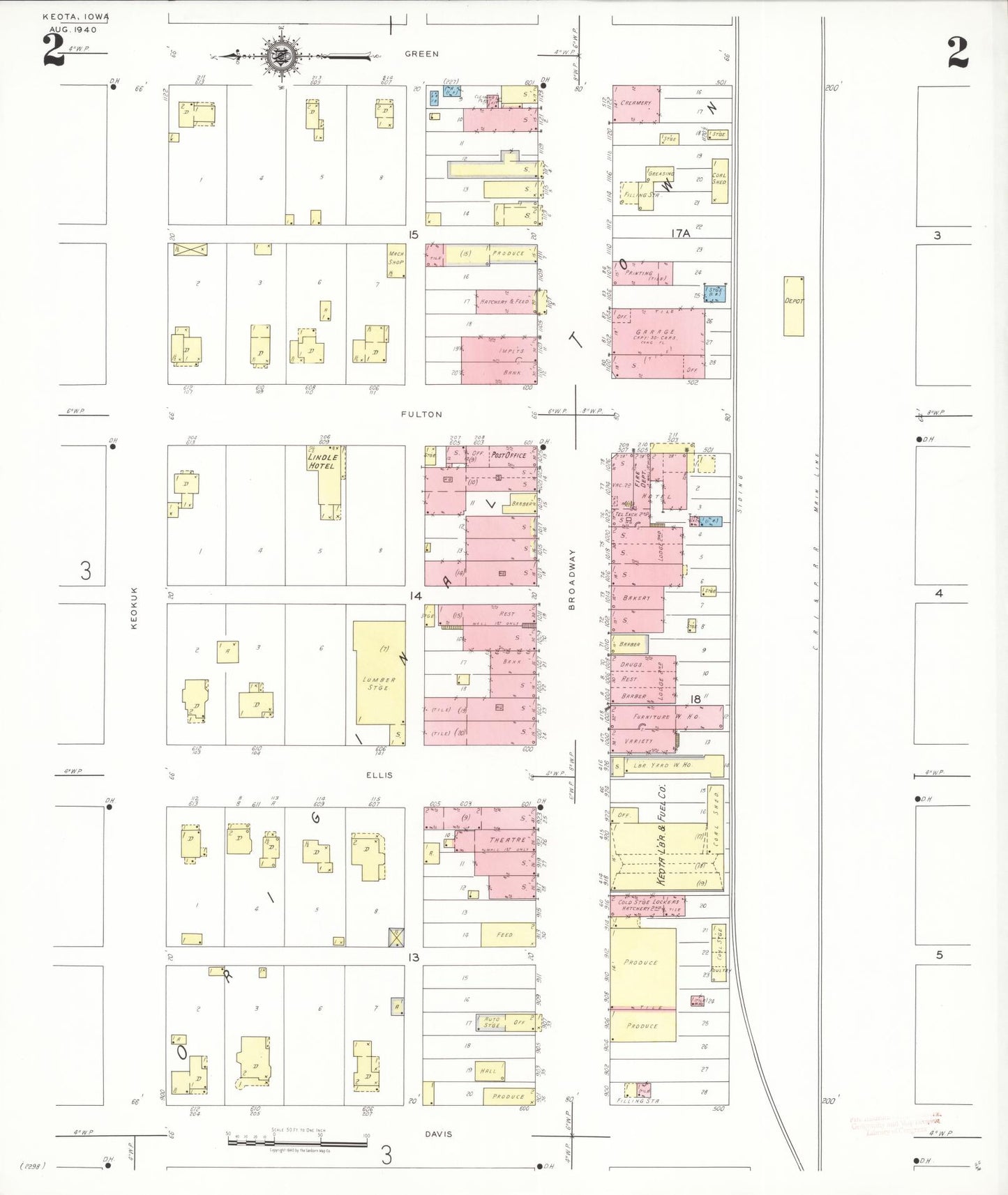 Sanborn Fire Insurance Map from Keota, Keokuk County, Iowa (1940), Sheet #0002 - Historic Sanborn Fire Insurance Map Print, vintage old map wall art