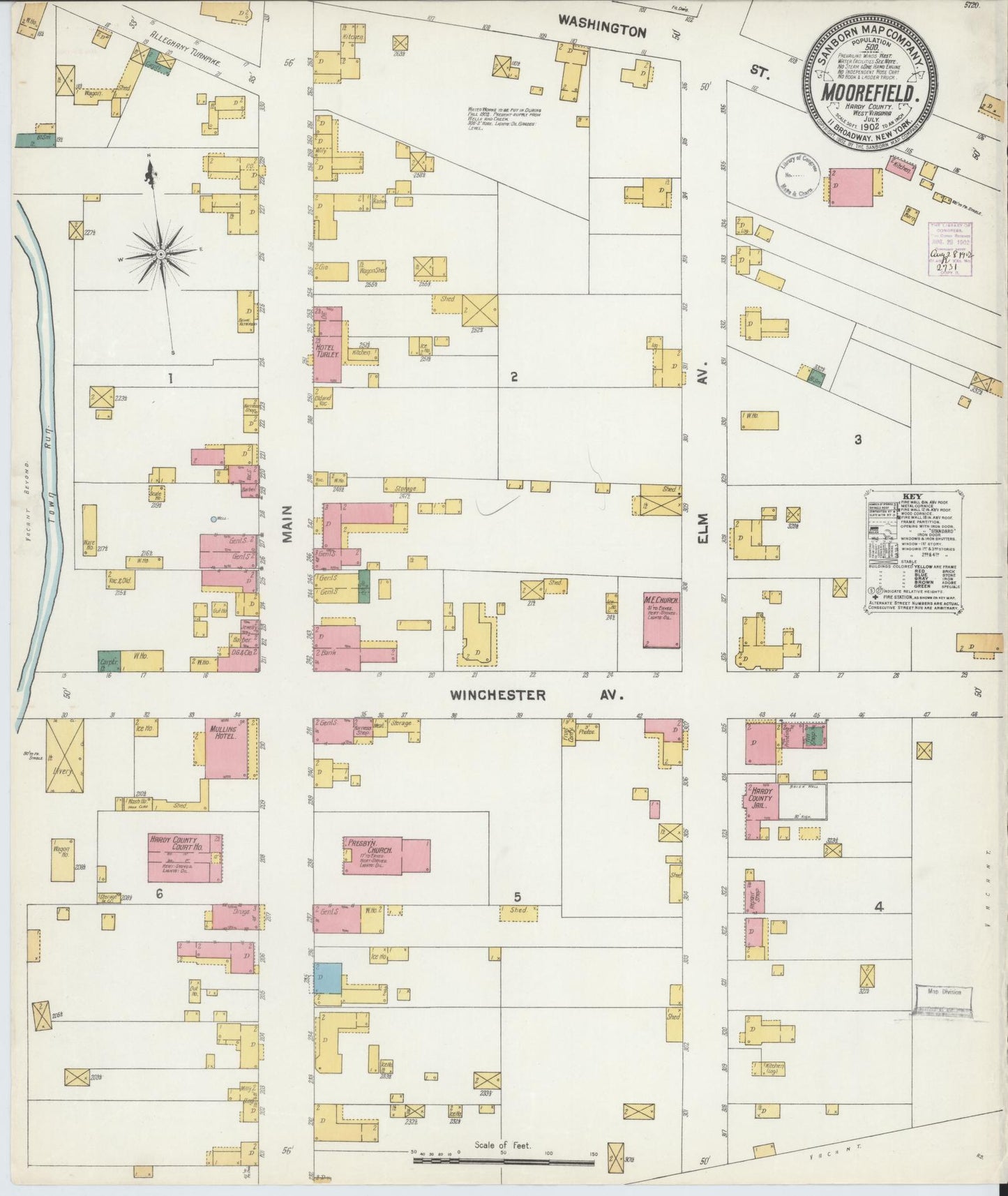 Sanborn Fire Insurance Map from Moorefield, Hardy County, West Virginia (1902), Sheet #0001 - Historic Sanborn Fire Insurance Map Print, vintage old map wall art, antique decor, genealogy gift, West Virginia West Virginia map