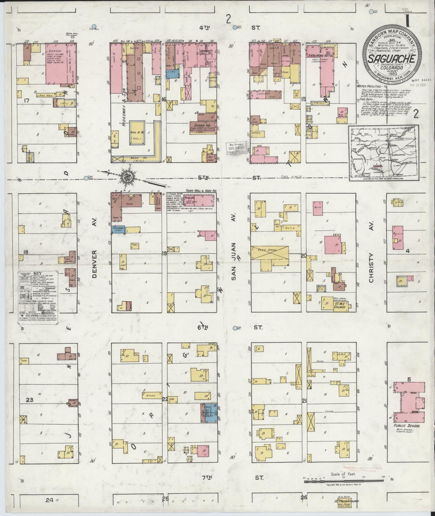 Sanborn Fire Insurance Map from Saguache, Saguache County, Colorado (1920), Sheet #0001 - Historic Sanborn Fire Insurance Map Print, vintage old map wall art, antique decor, genealogy gift, Colorado Colorado map