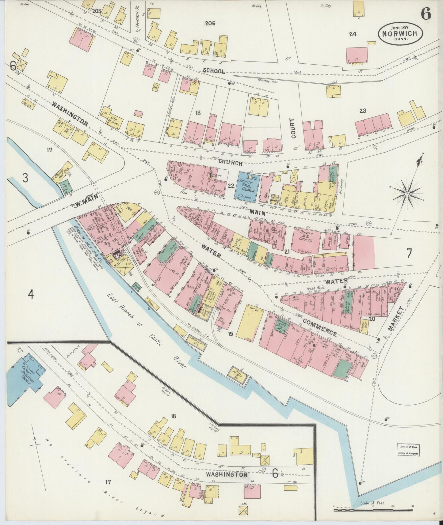 Sanborn Fire Insurance Map from Norwich, New London County, Connecticut (1897), Sheet #0006 - Historic Sanborn Fire Insurance Map Print, vintage old map wall art, antique decor, genealogy gift, Connecticut Connecticut map