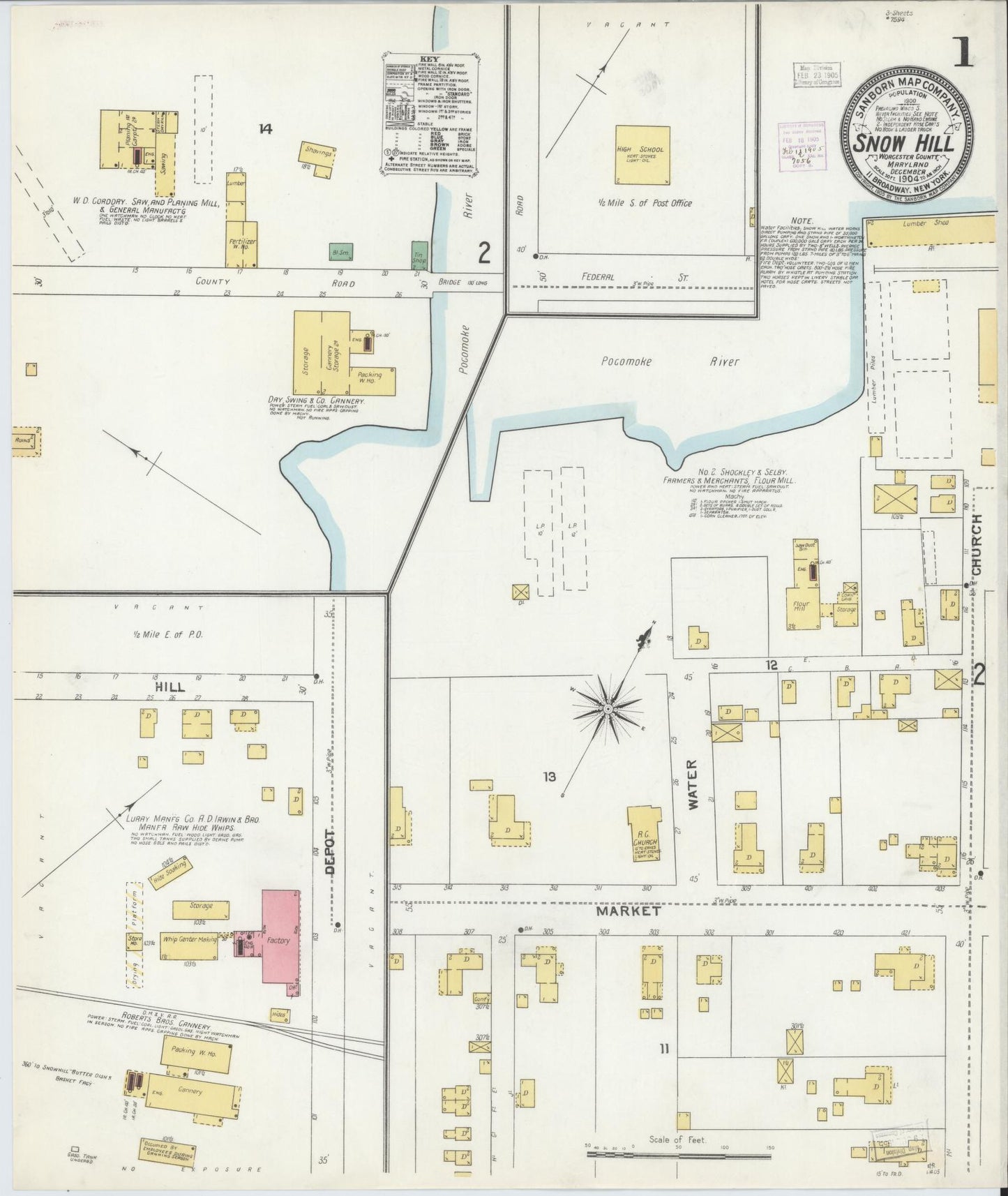 Sanborn Fire Insurance Map from Snow Hill, Worcester County, Maryland (1904), Sheet #0001 - Historic Sanborn Fire Insurance Map Print, vintage old map wall art