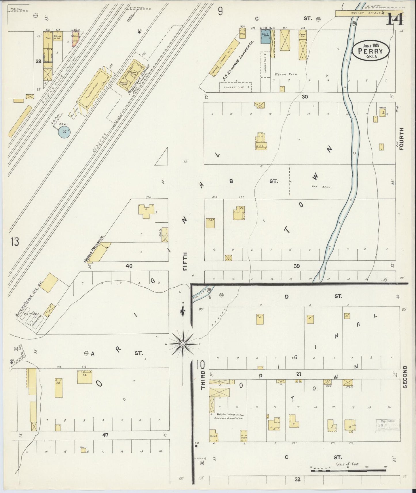 Sanborn Fire Insurance Map from Perry, Noble County, Oklahoma (1907), Sheet #0014 - Historic Sanborn Fire Insurance Map Print, vintage old map wall art, antique decor, genealogy gift, Oklahoma Oklahoma map