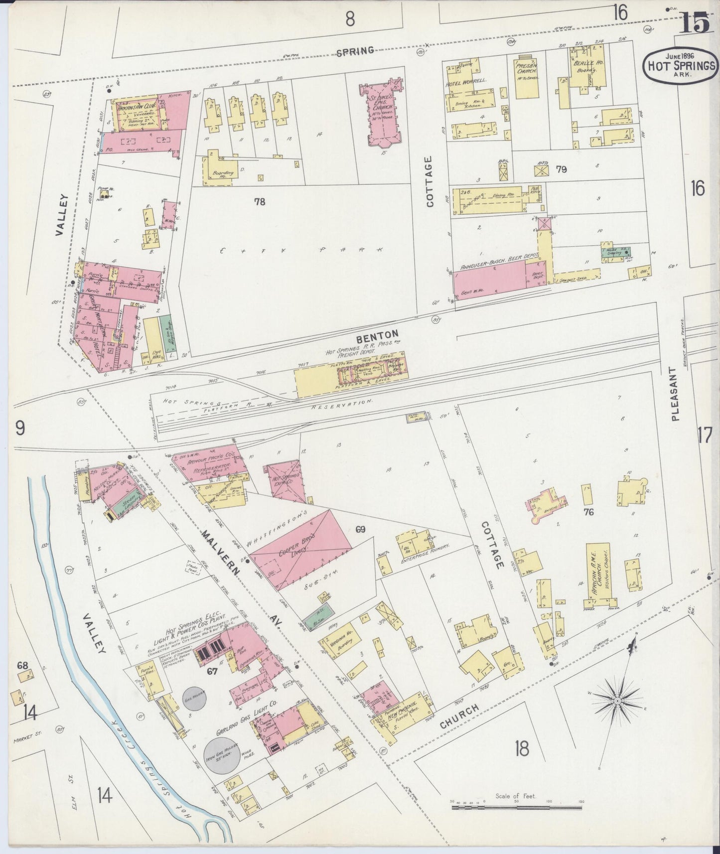 Sanborn Fire Insurance Map from Hot Springs, Garland County, Arkansas (1896), Sheet #0015 - Historic Sanborn Fire Insurance Map Print, vintage old map wall art, antique decor, genealogy gift, Arkansas Arkansas map