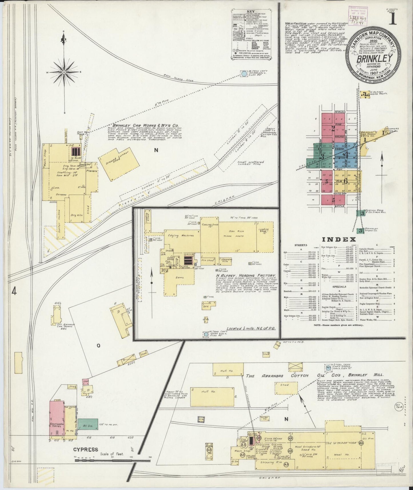 Sanborn Fire Insurance Map from Brinkley, Monroe County, Arkansas (1907), Sheet #0001 - Historic Sanborn Fire Insurance Map Print, vintage old map wall art, antique decor, genealogy gift, Arkansas Arkansas map
