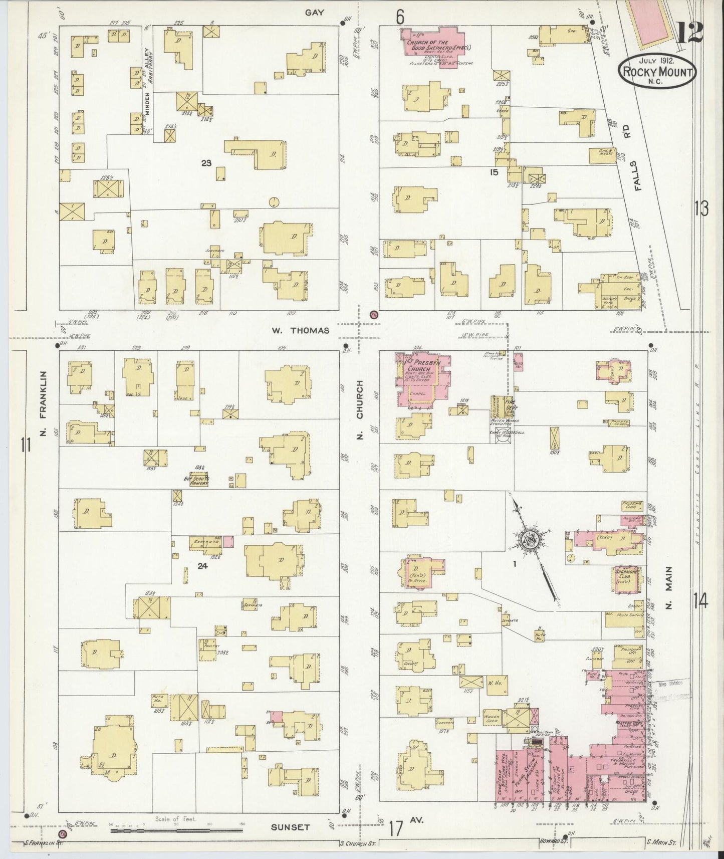 Sanborn Fire Insurance Map from Rocky Mount, Edgecombe And Nash Counties, North Carolina (1912), Sheet #0012 - Historic Sanborn Fire Insurance Map Print, vintage old map wall art, antique decor, genealogy gift, North Carolina North Carolina map